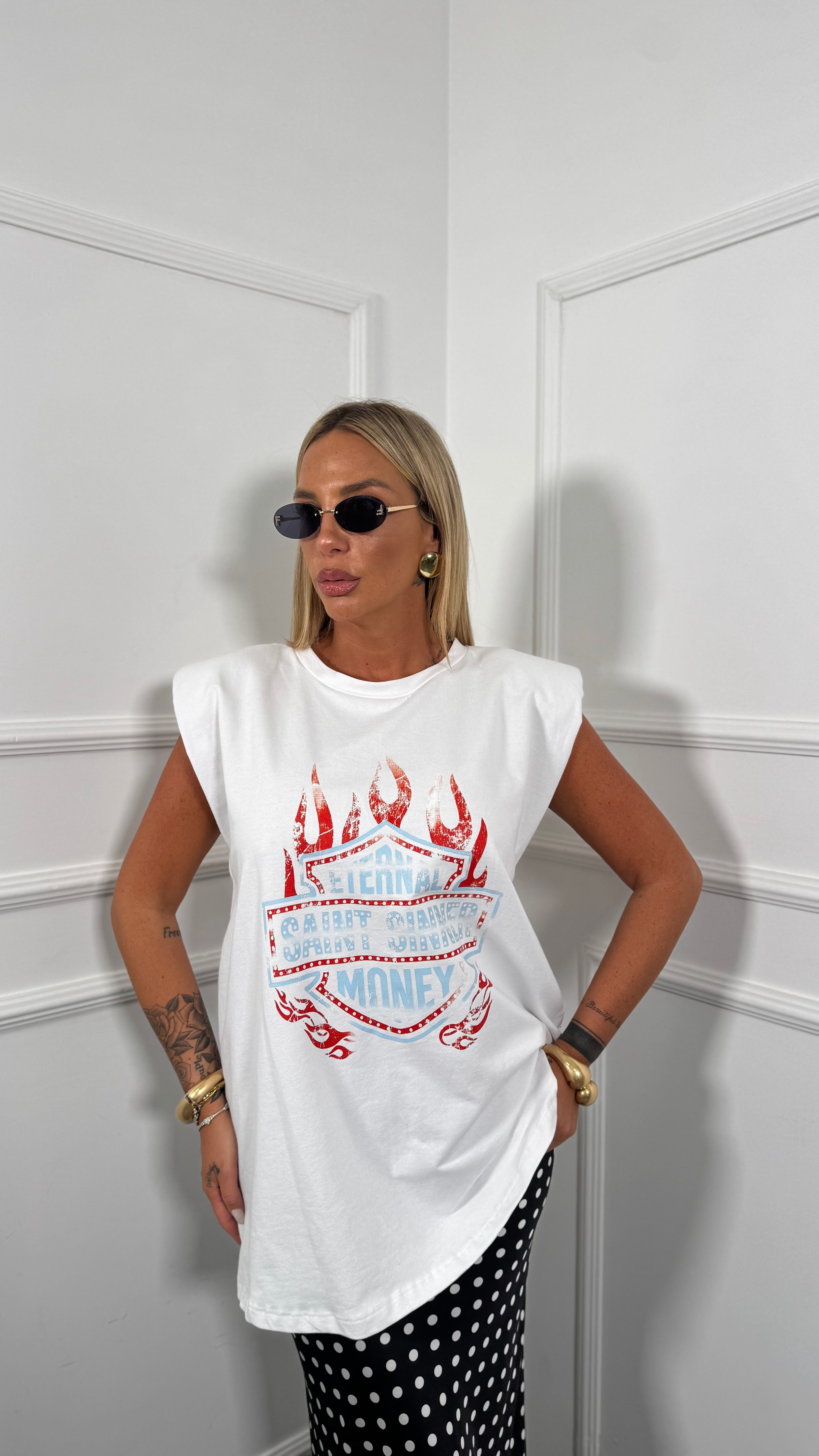 Felpa giromanica oversize con spalline Saint Sinner bianca 99100