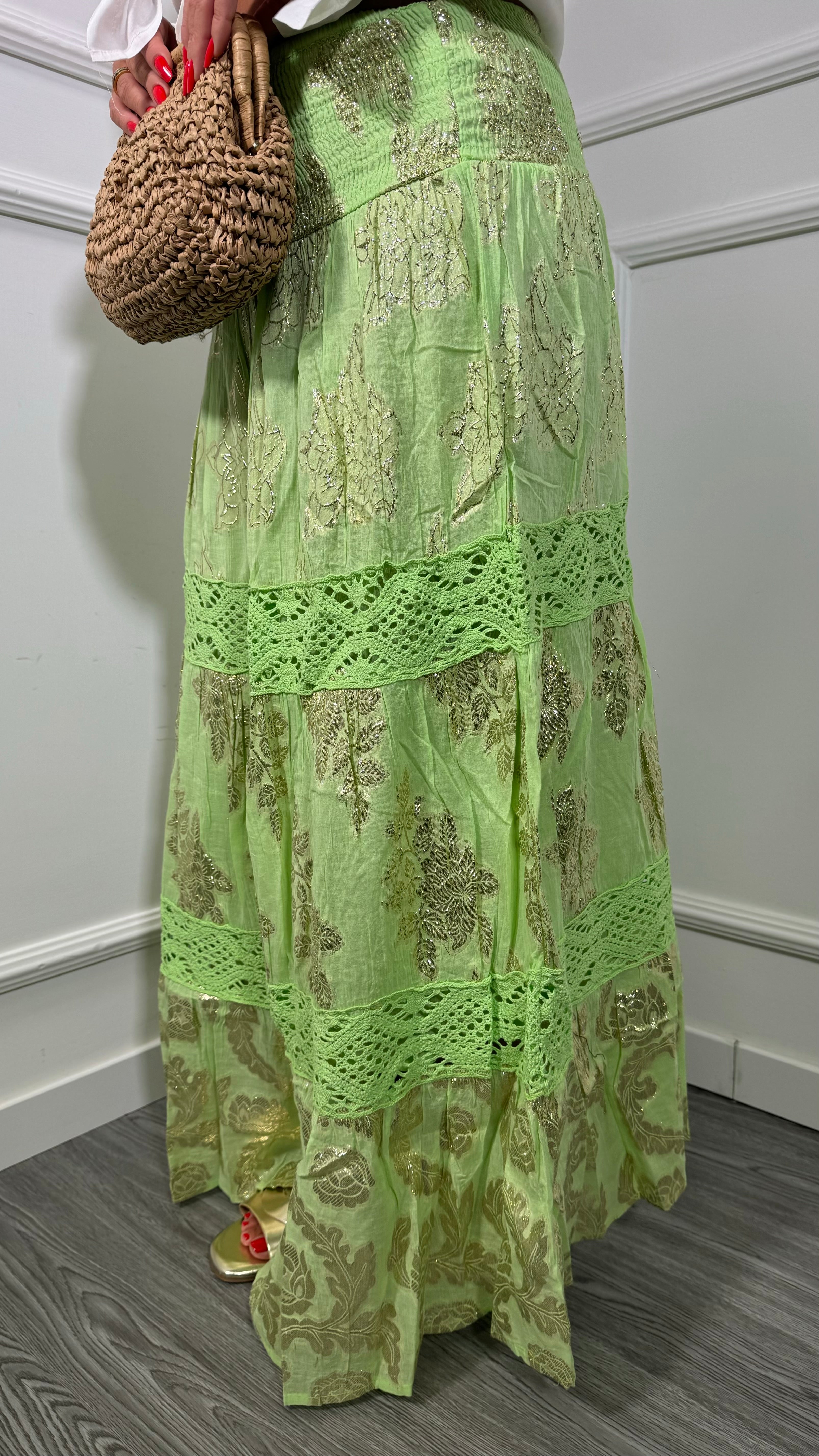 Gonnellone in cotone con dettagli oro Esmeralda verde mela