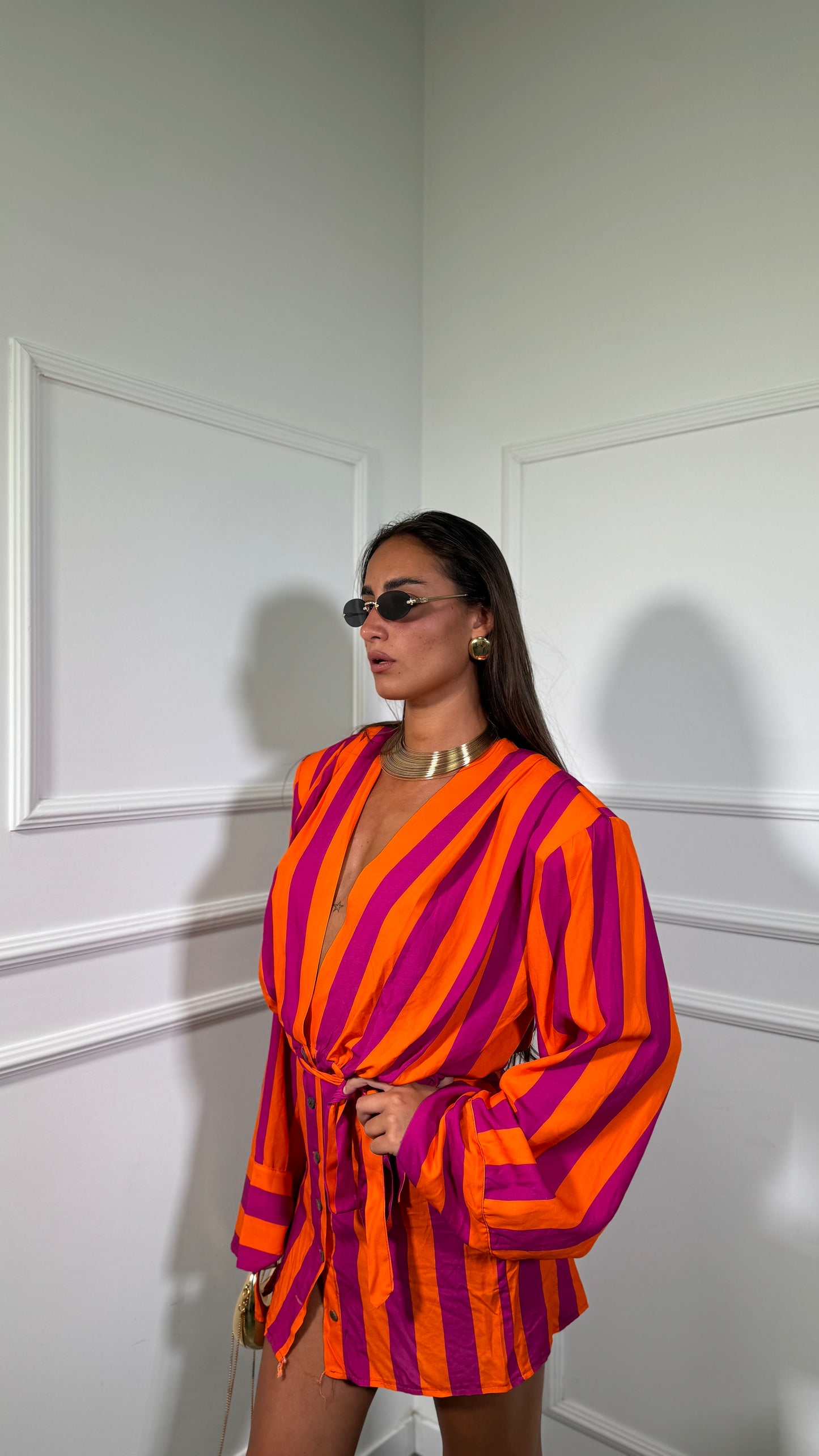 Abito corto a righe con spalline Allyson fucsia/arancio 706888