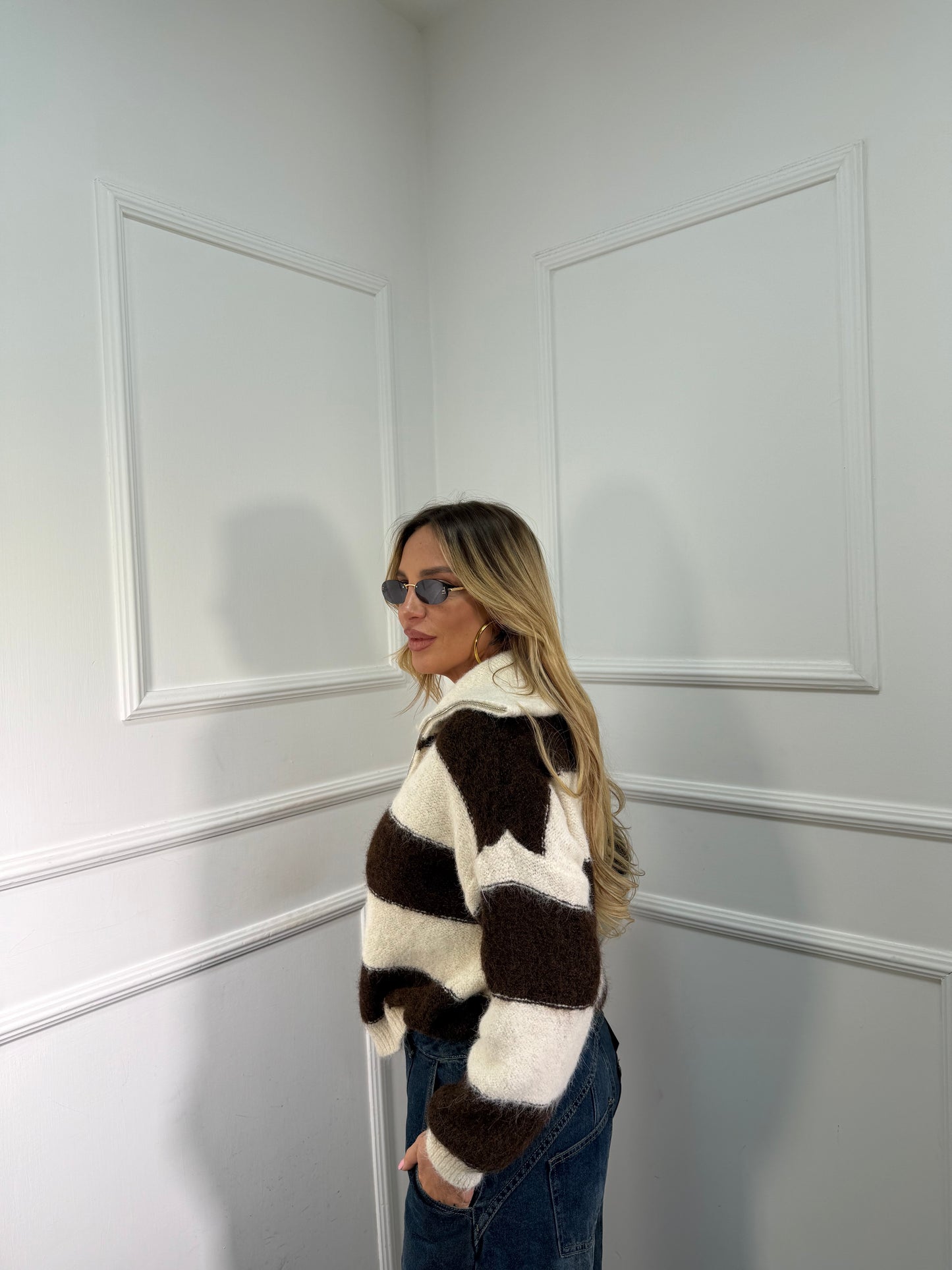 Maglioncino con zip misto lana panna/cacao 51201