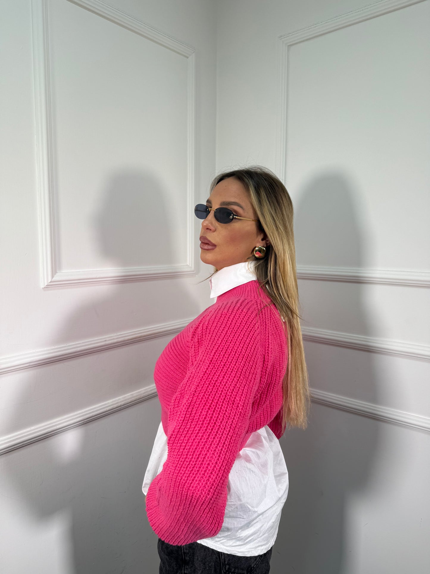 Maglioncino crop manica balloon Sugar fucsia mi09