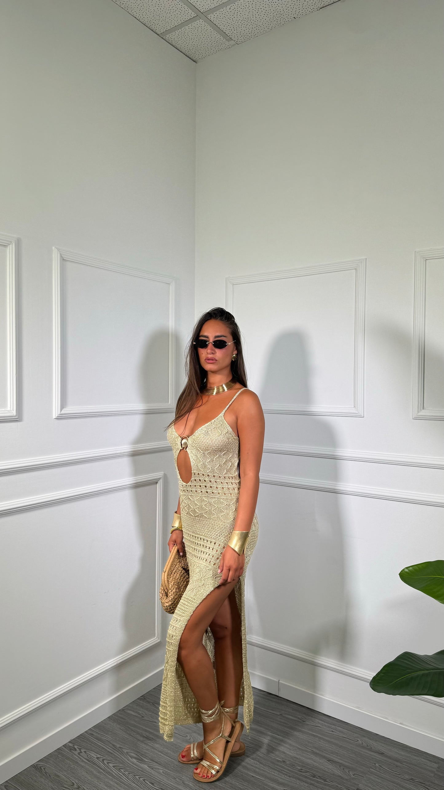 Abito midi in filo cut out lurex Bali oro