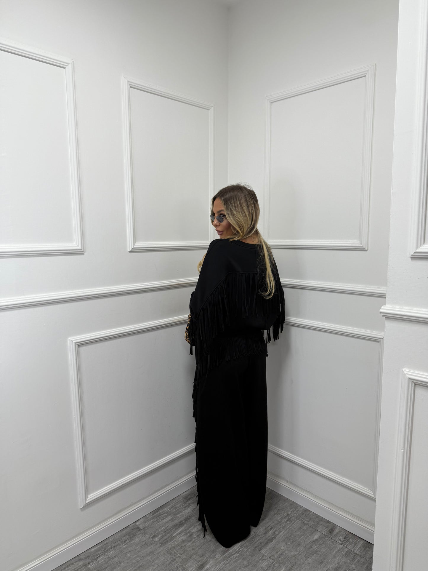 Coordinato in tuta con frange Olimpia nero ld3377 by lumina