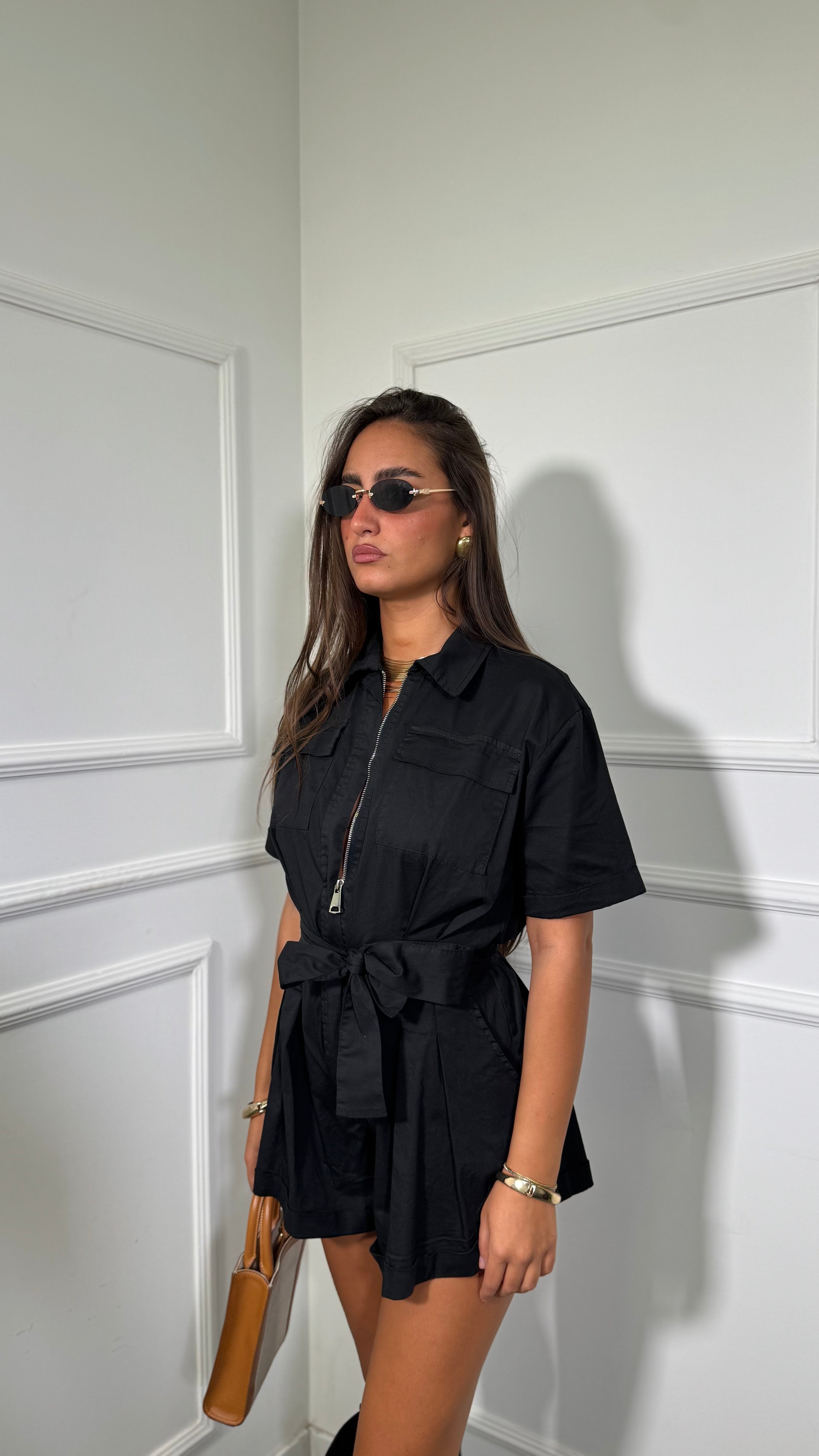Jumpsuit in cotone con fusciacca Nereis nero my59253