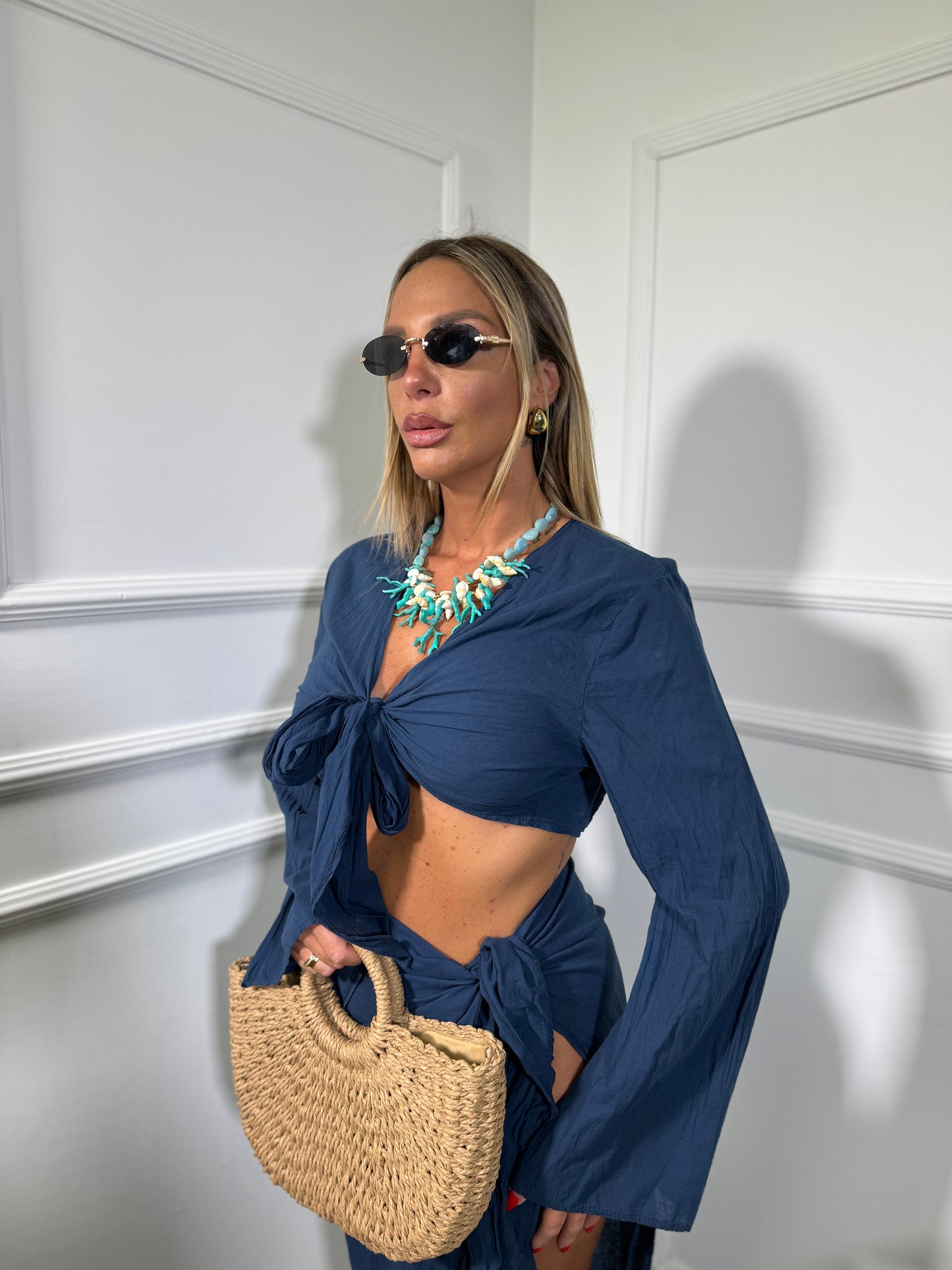 Coordinato semi velato in viscosa Seychelle blu c81117