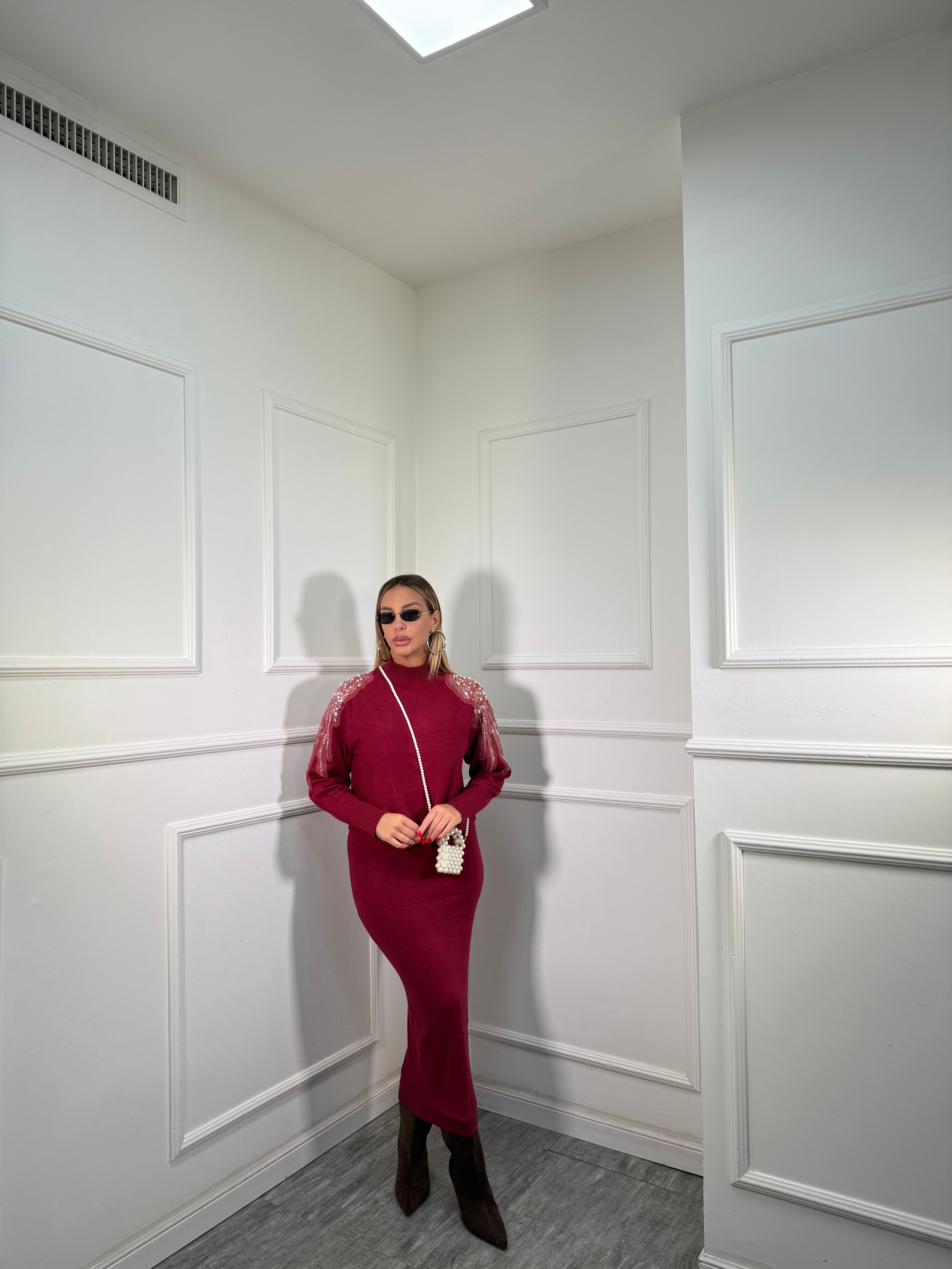 Coordinato midi in lana rasata con Swarovski bordeaux g105