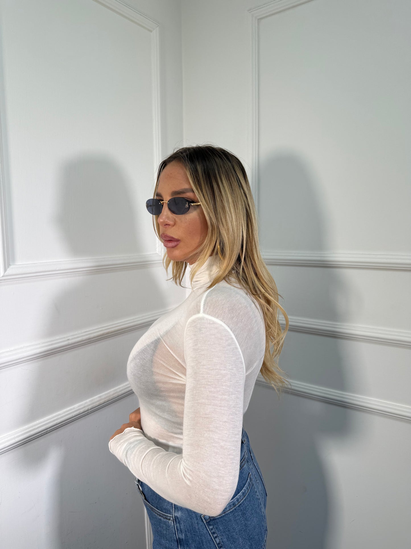 Shirt semi velata collo alto Jolly panna misto cashmere 28029