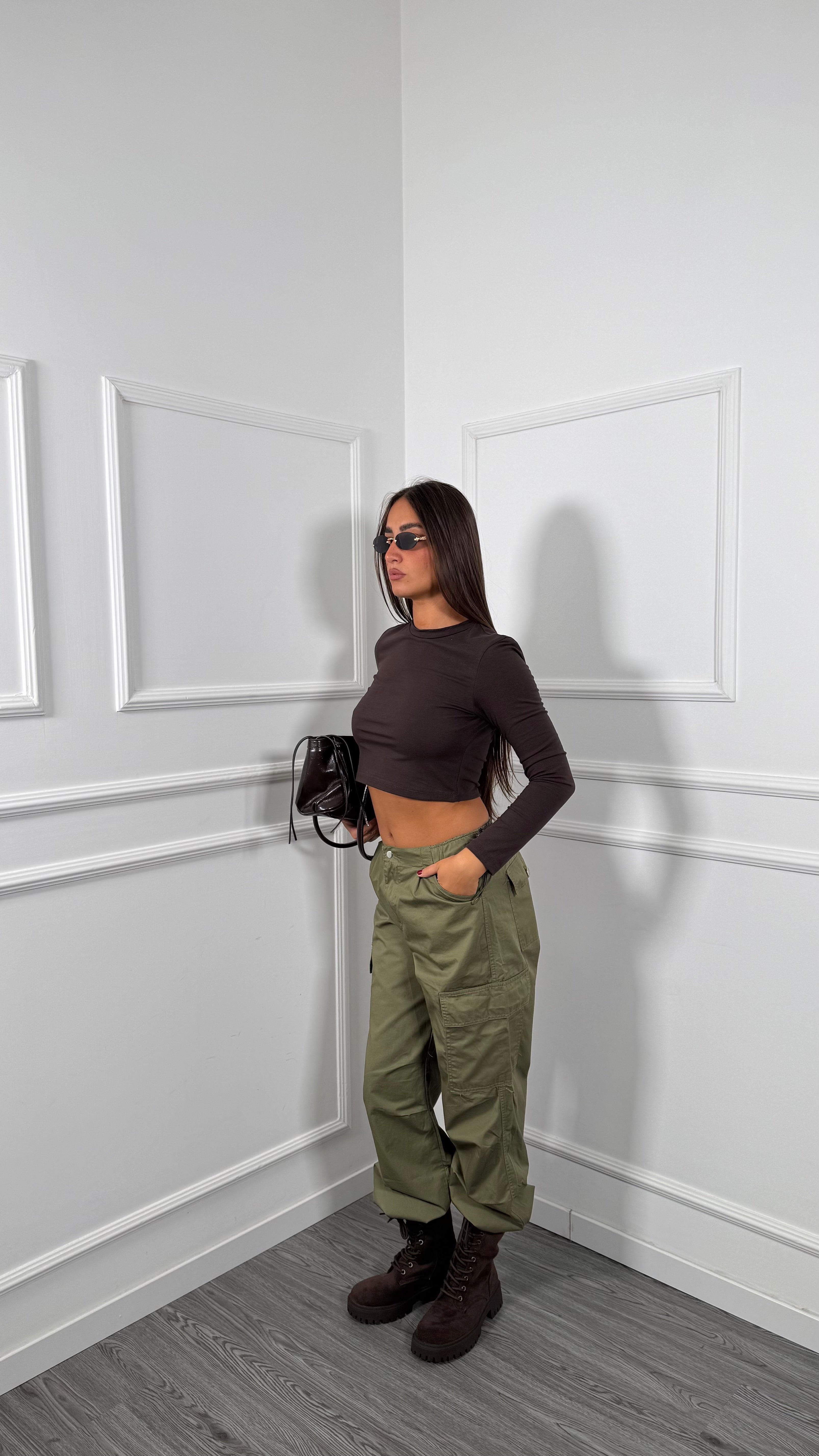 Pantaloni cargo con coulisse verde militare L-3178-3