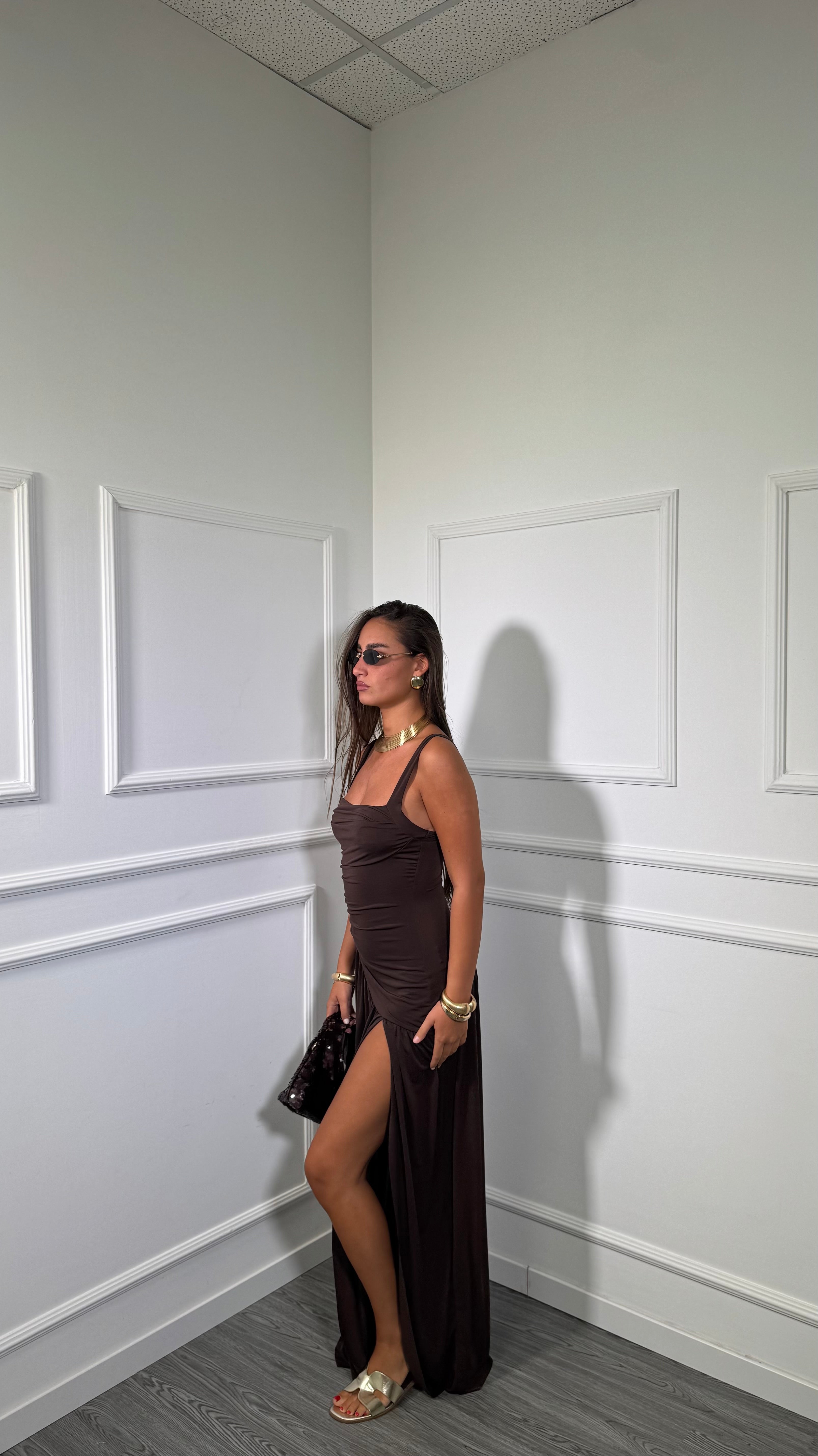 Abito lungo in jersey con spacco Ritual cioccolato 8113