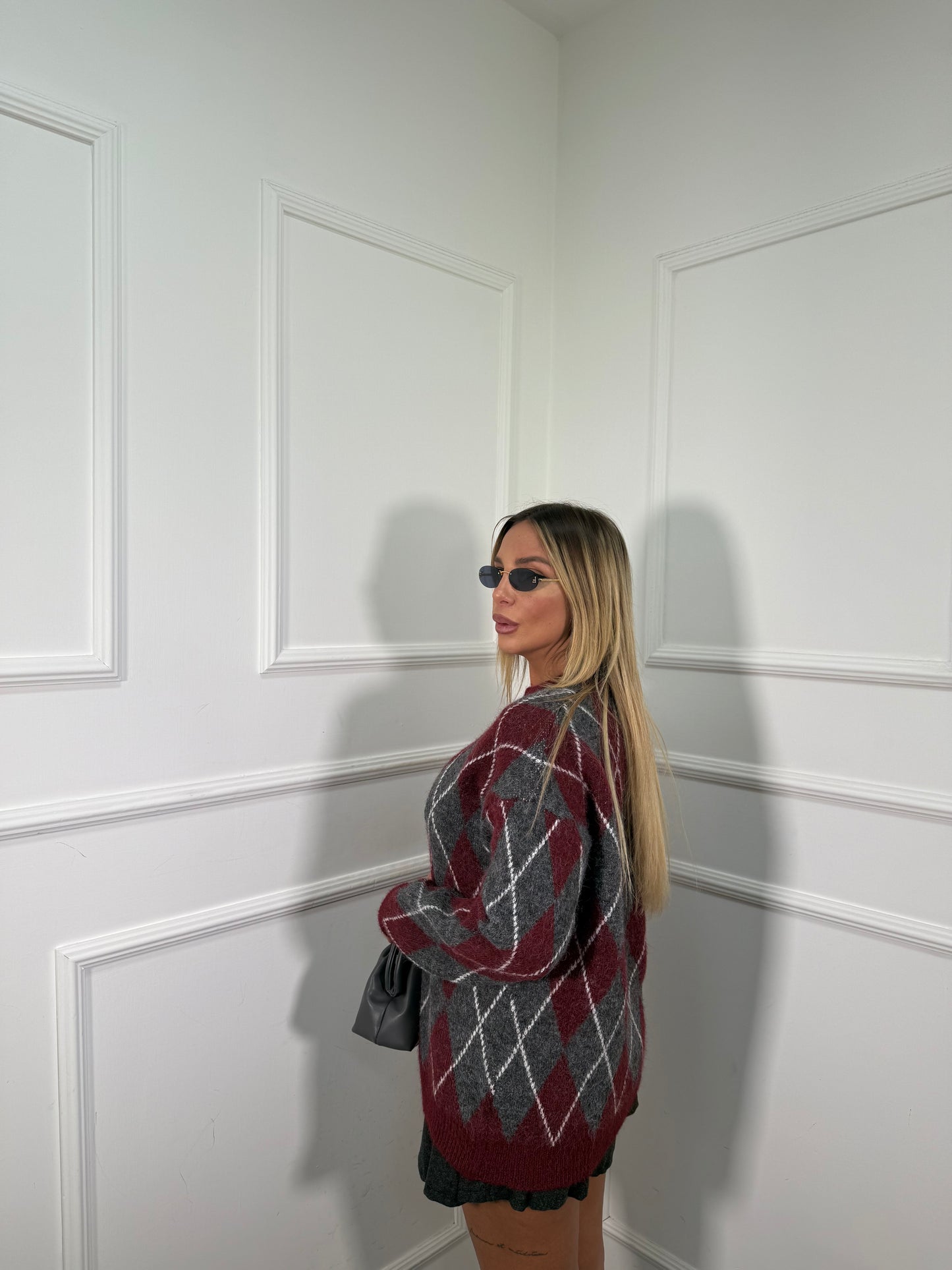 Pullover midi in lana cotta con rombi Sally bordeaux/grigio 6651