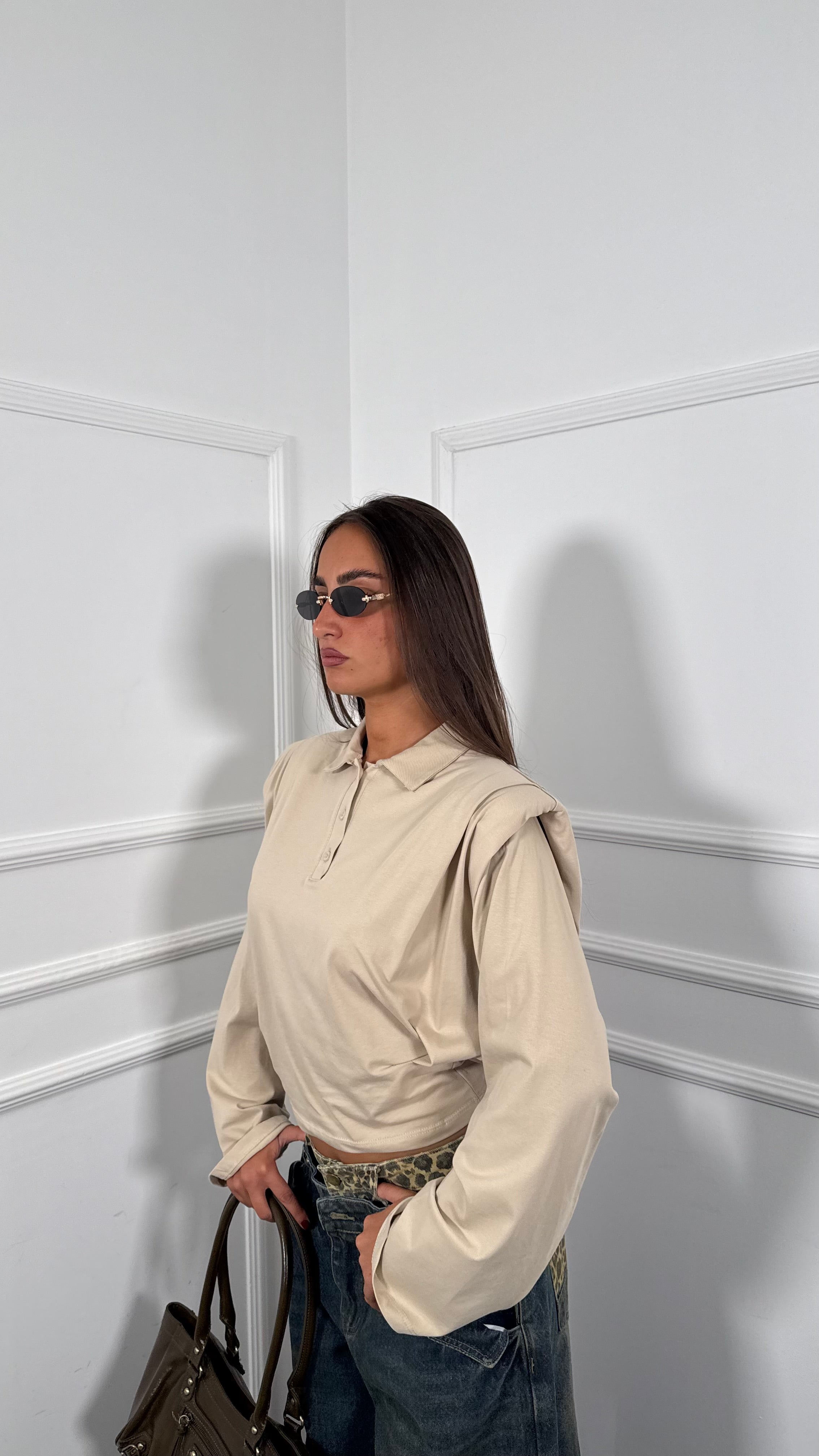 Polo Crop in cotone con spalline by justwest Timoty beige jw1994