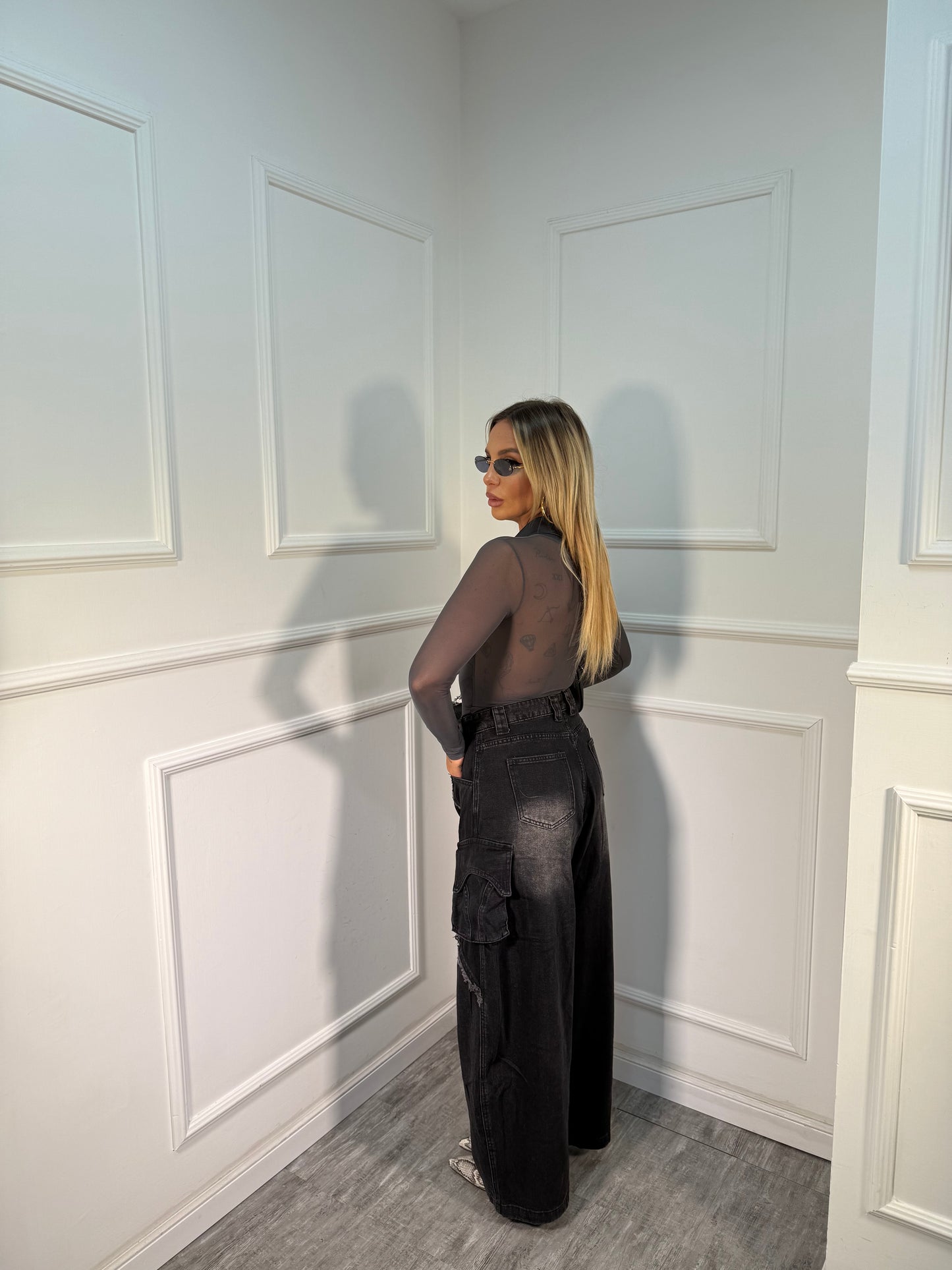 Jeans palazzo balloon sfrangiato nero 81176