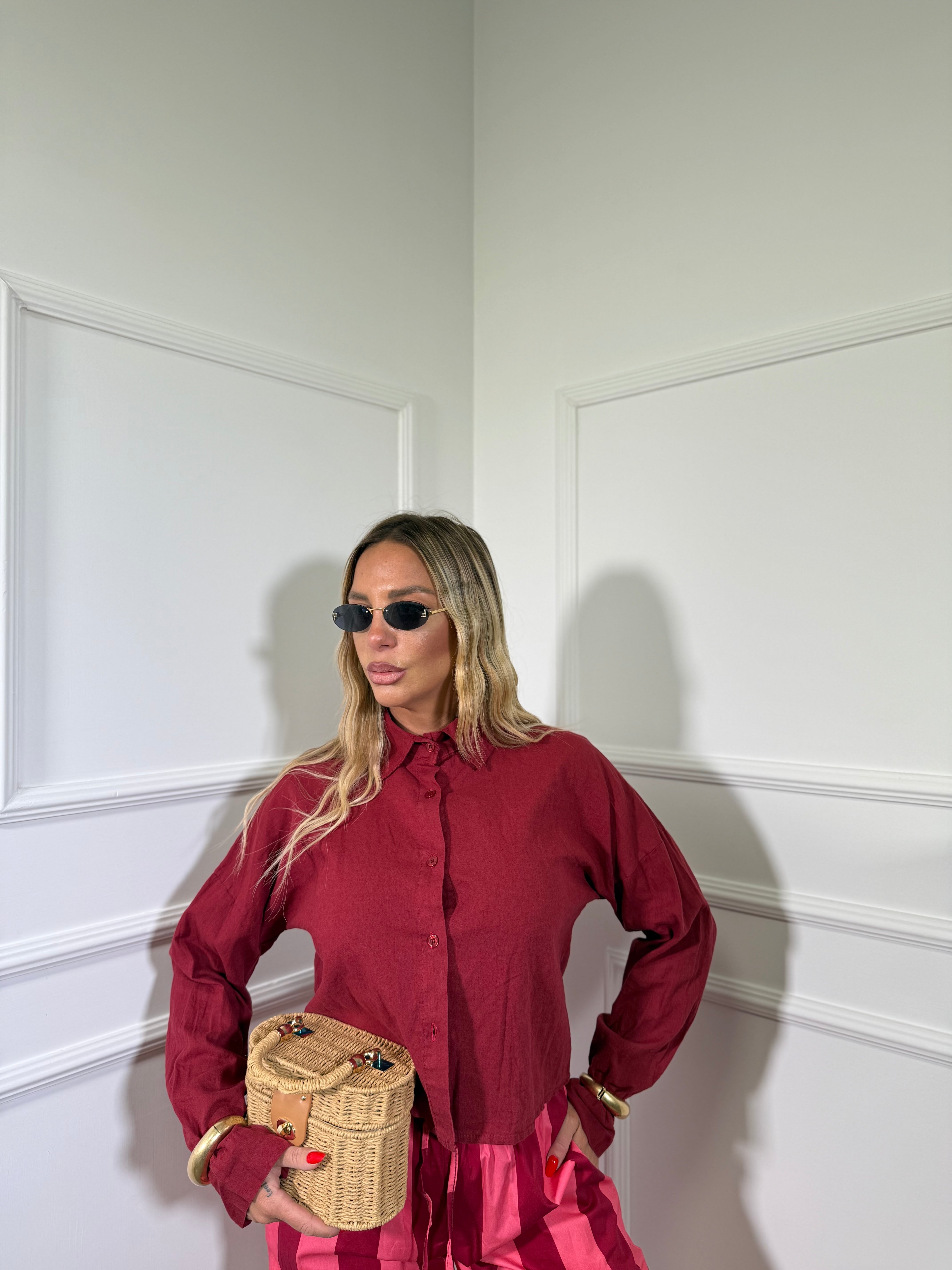 Camicia crop misto lino Cotton bordeaux 25727