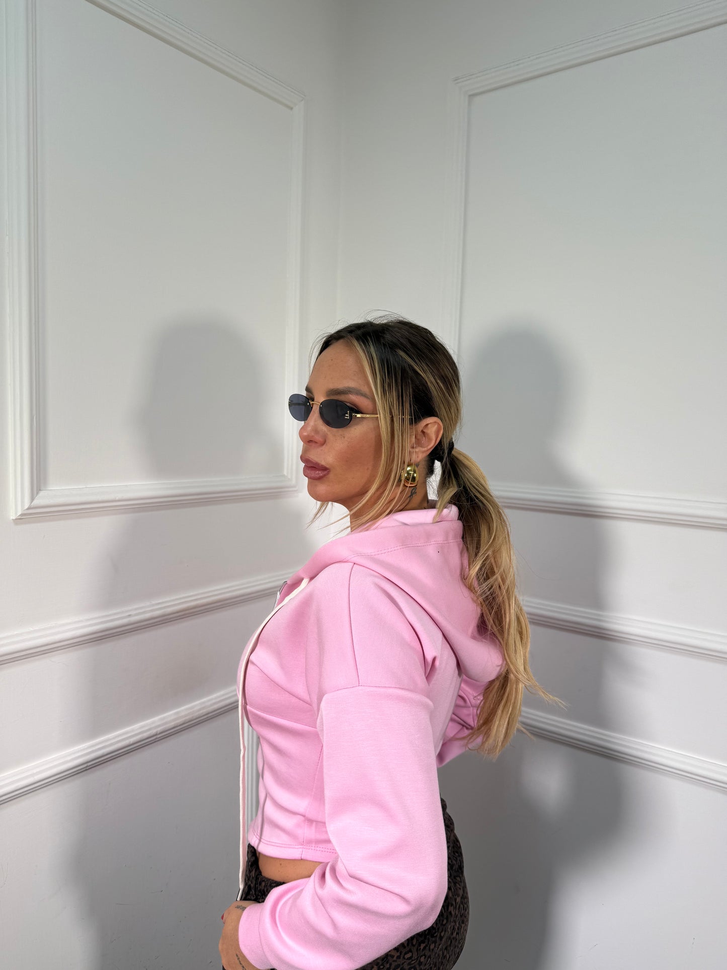 Felpa bustino con zip e cappuccio rosa