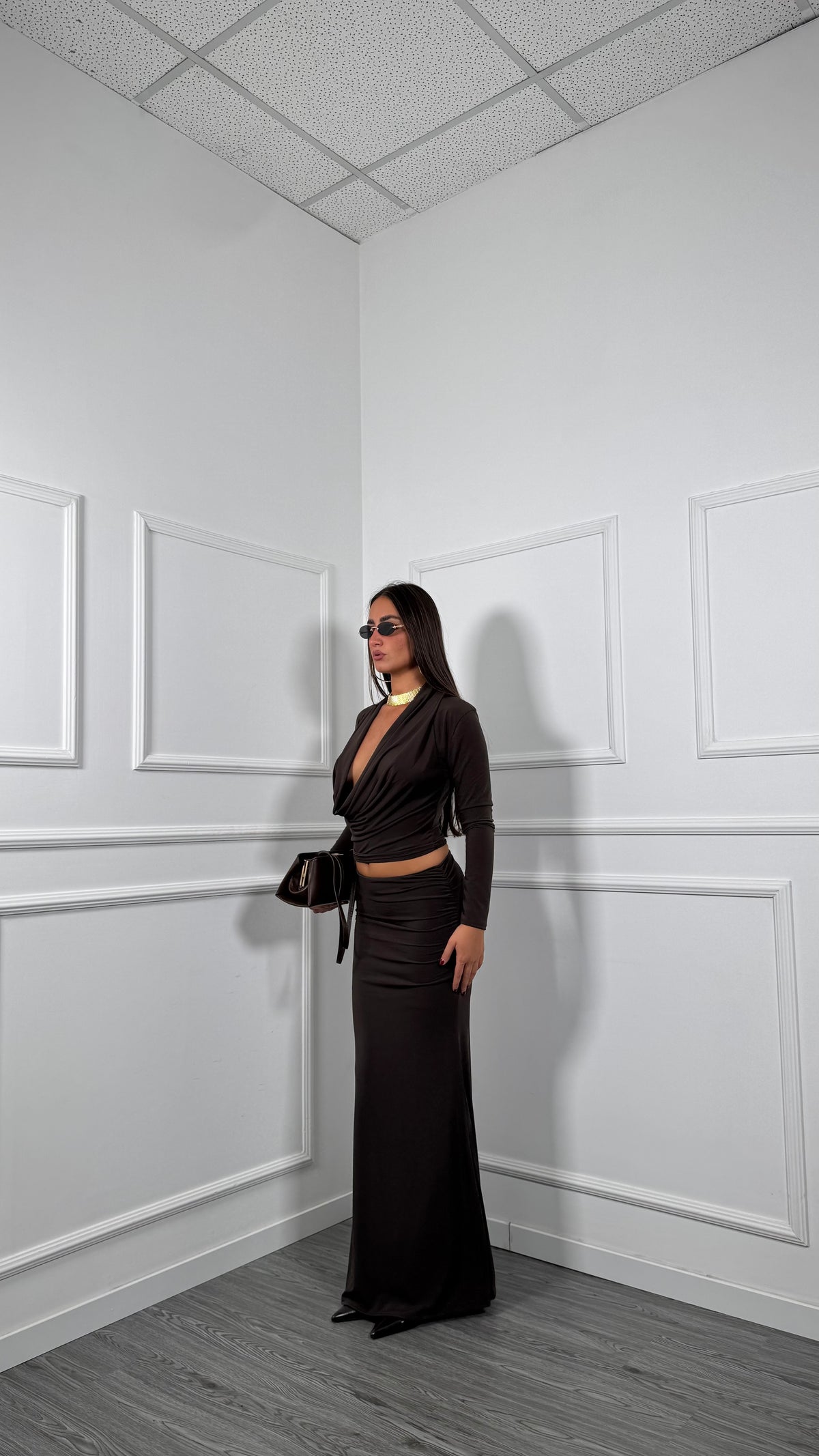 Coordinato in lycra con scollo bicchiere Elian cioccolato 26394