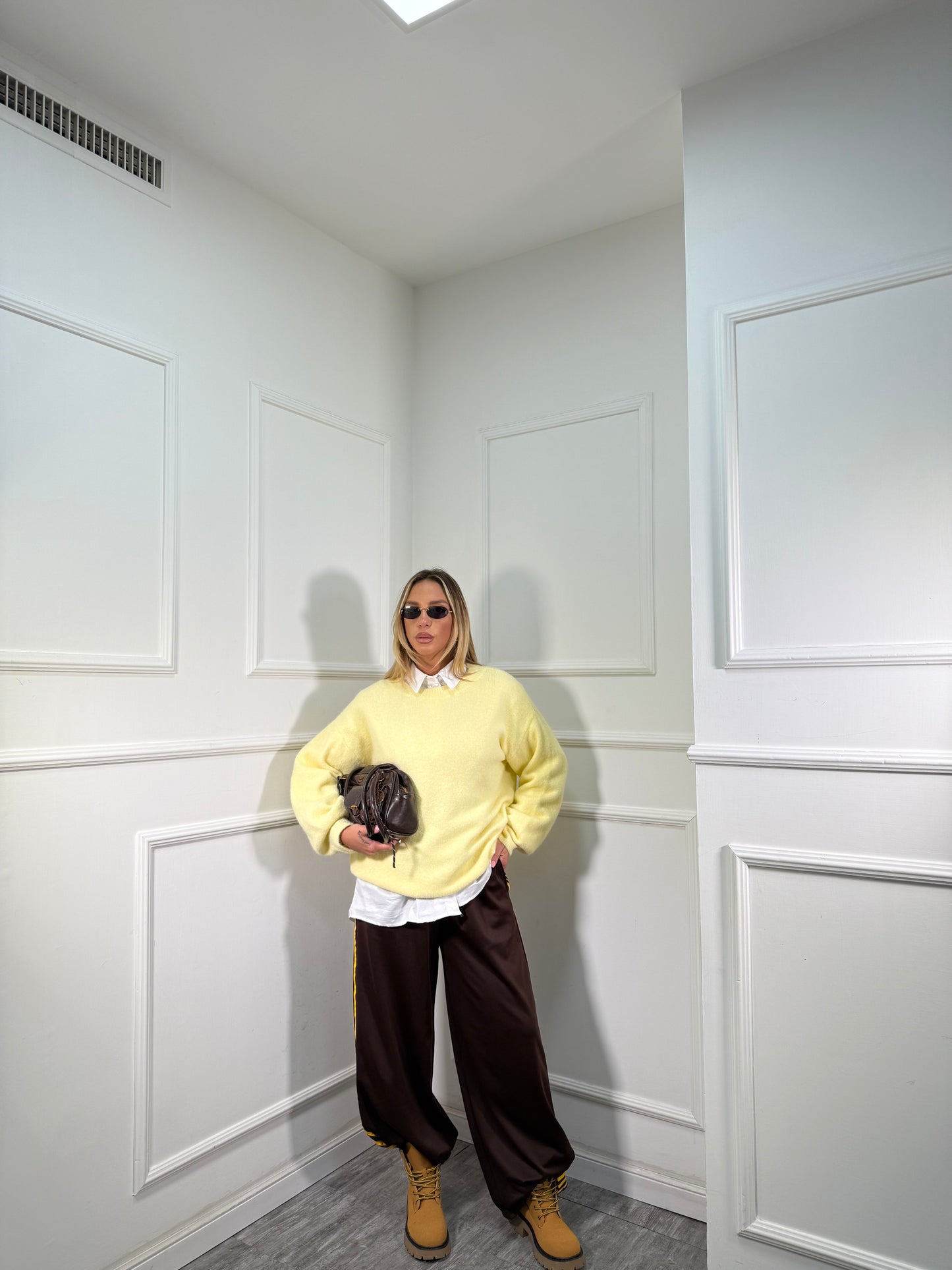 Pantaloni palazzo banda laterale Travel cioccolato/giallo 6865