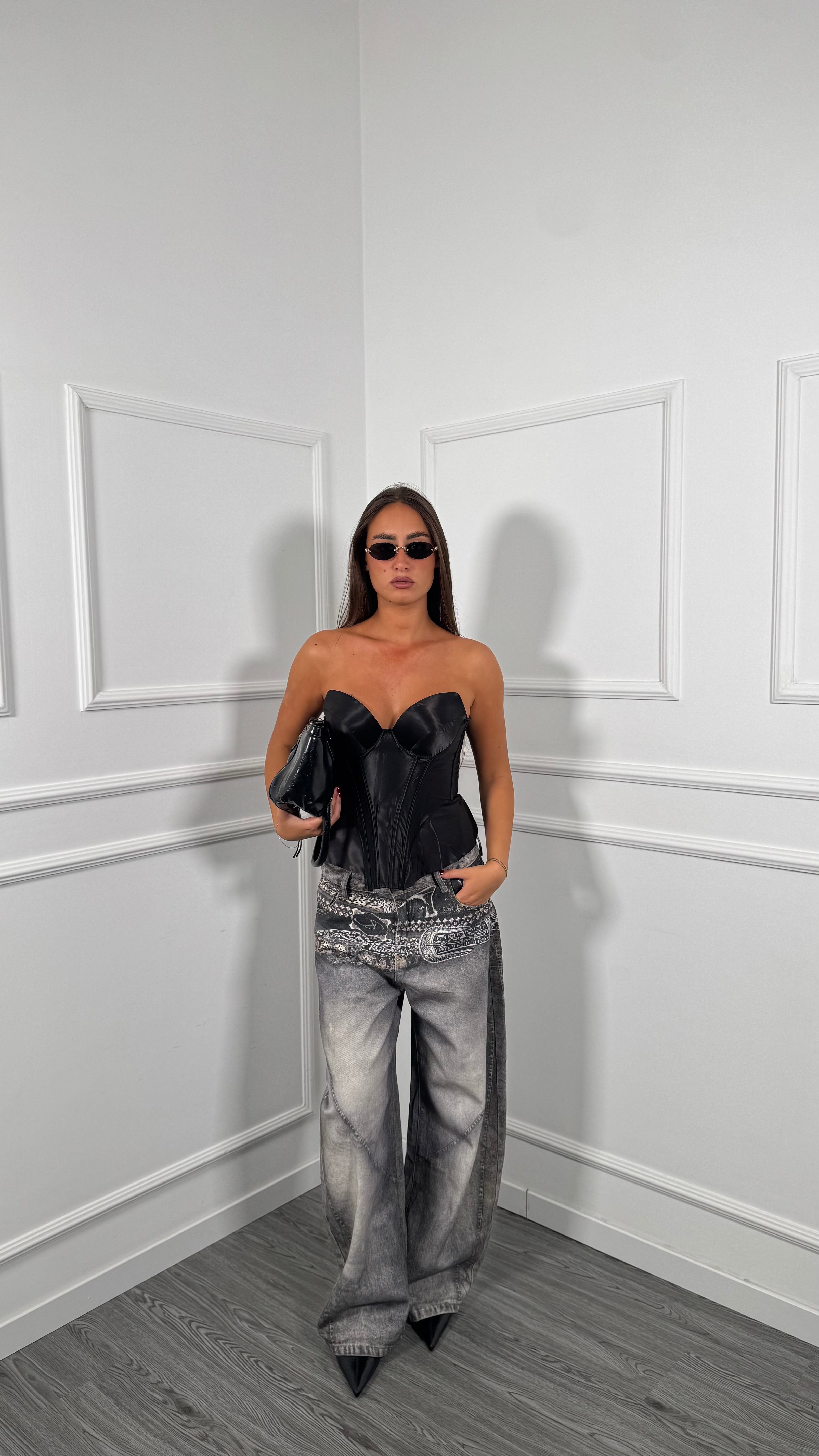 Jeans palazzo balloon con stampa grigio 06708