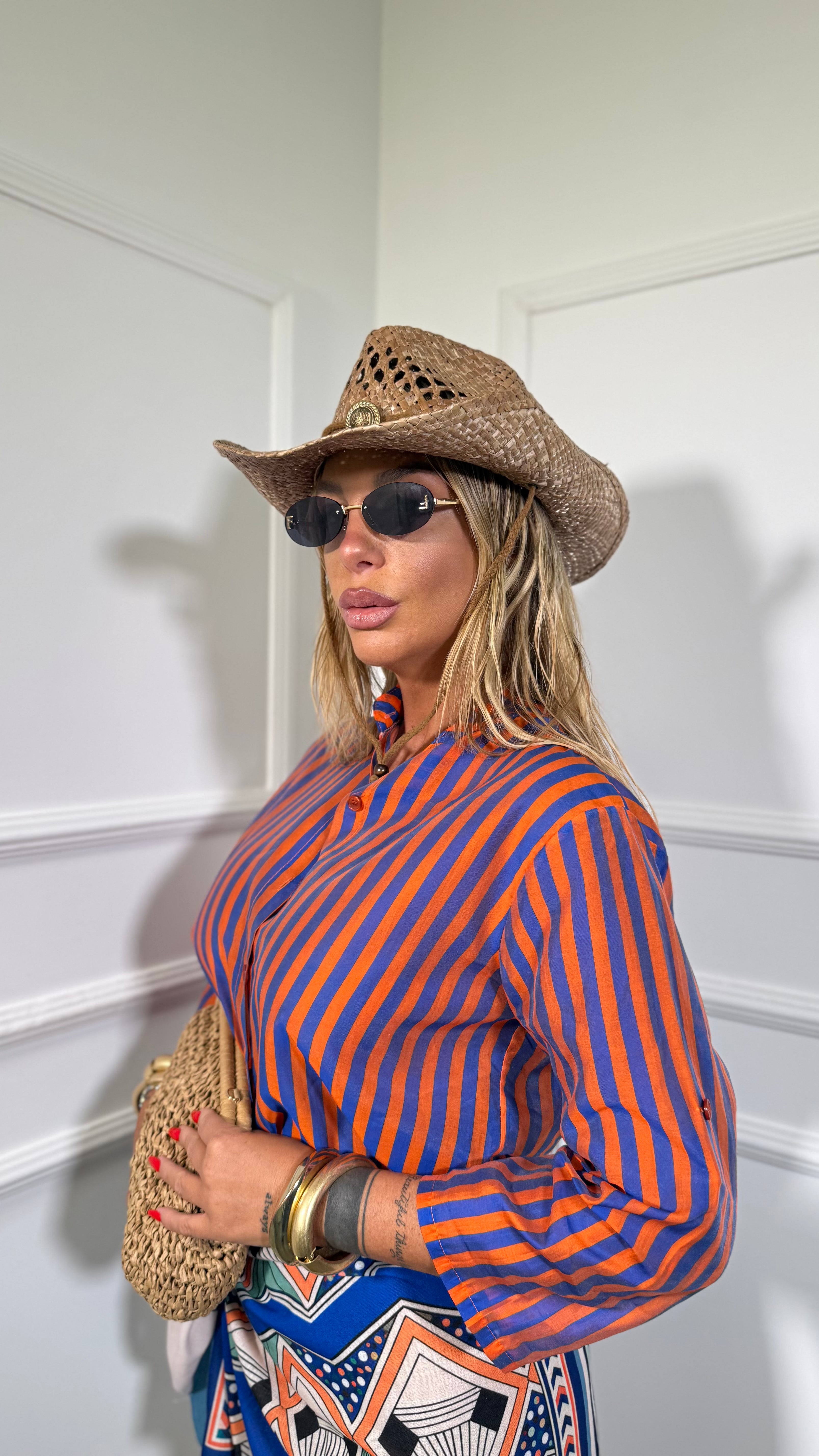 Camicia a righe semi velata collo coreana Iconic blu /arancio 20392