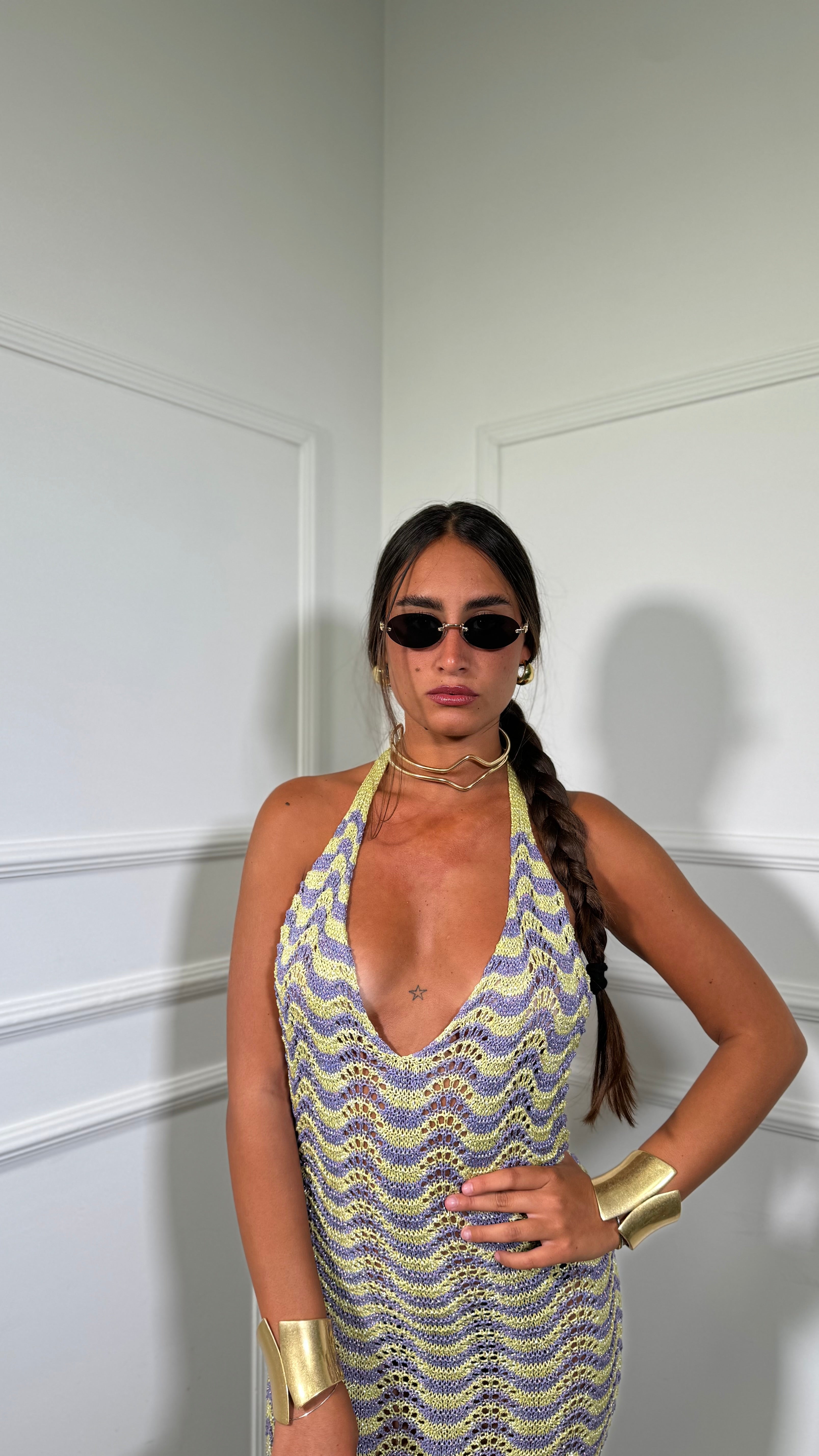 Abito midi in filo lurex zig zag Zama lilla/oro 3778