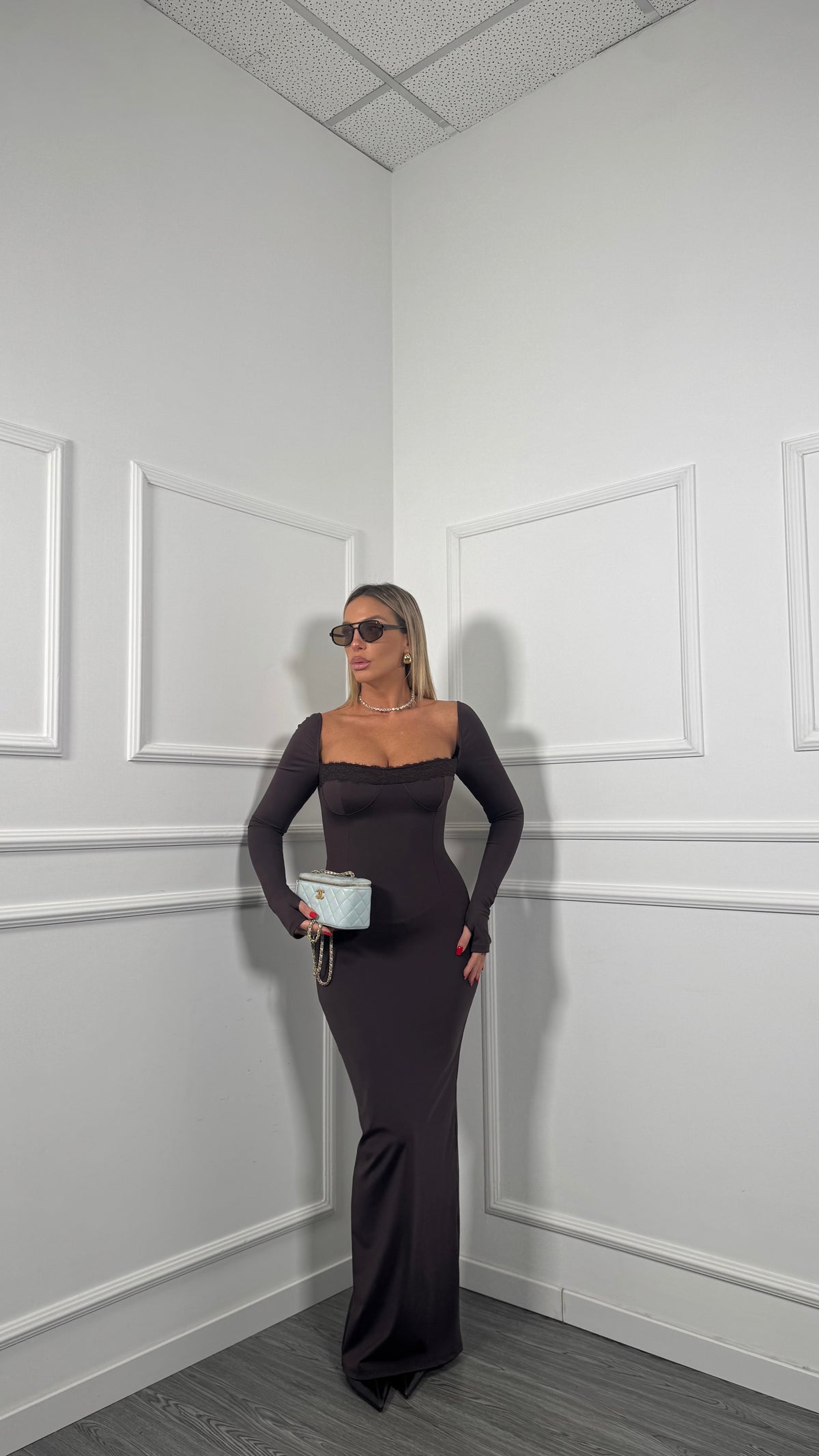 Abito lungo in lycra dettaglio in pizzo Female cioccolato 6148