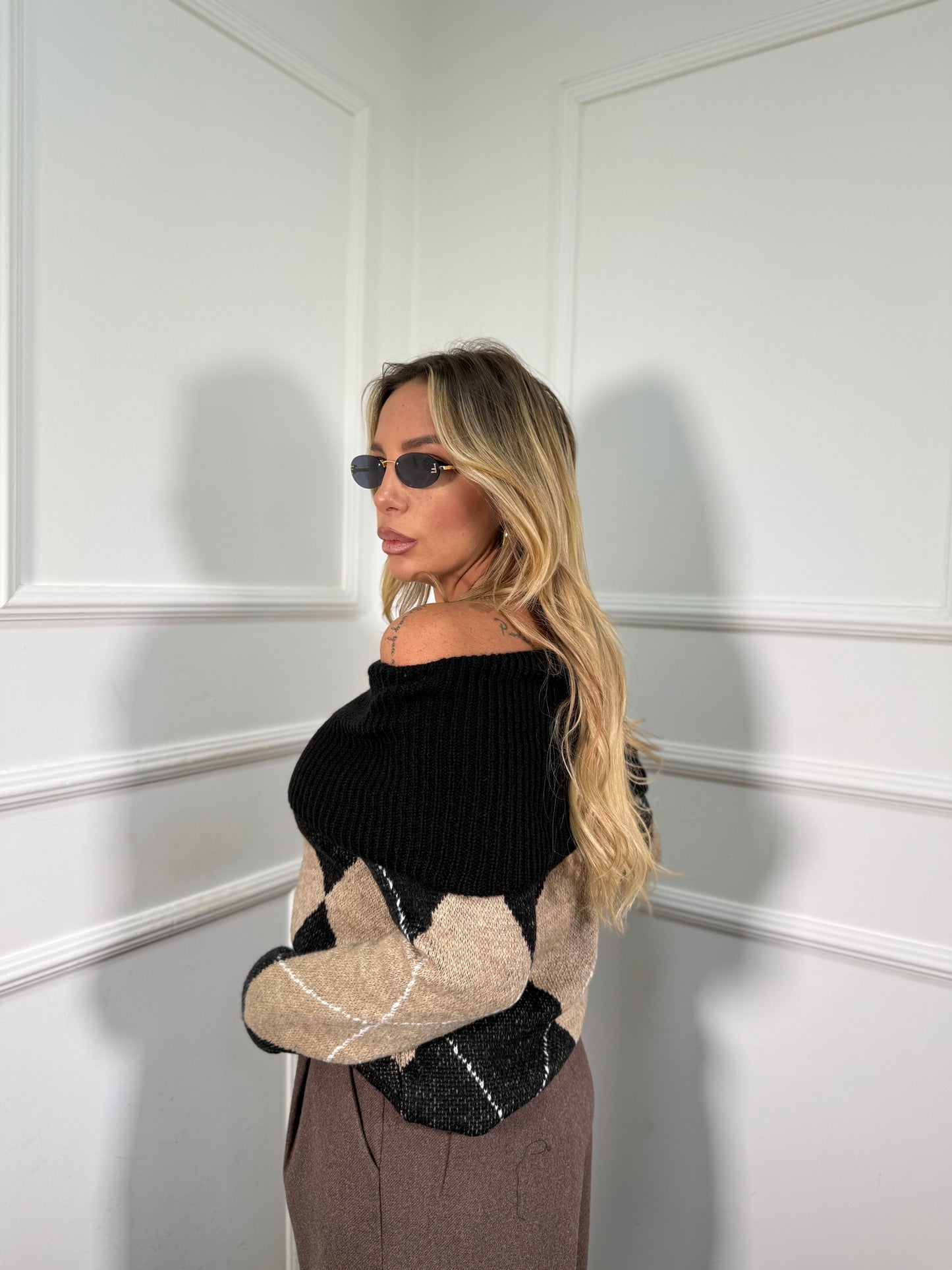 Pullover scollo a barca lana cotta con rombi Jilly nero 33920