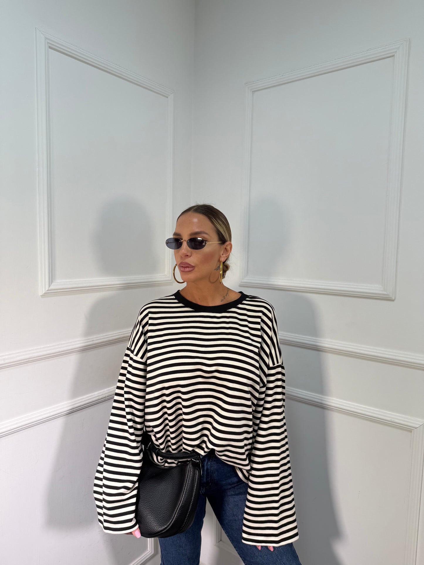 Shirt in cotone garzato manica campana Cindy bianco/nero f1109/226401