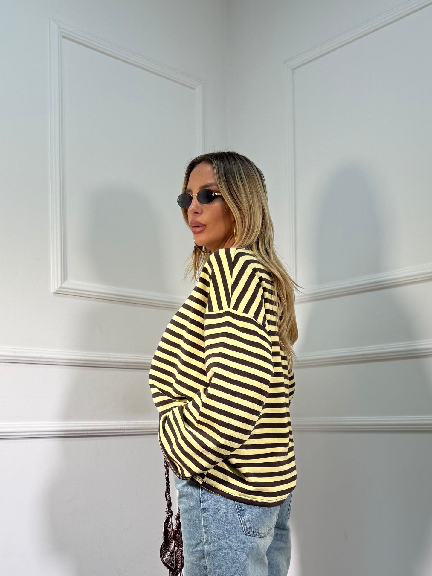 Shirt in cotone garzato manica campana Cindy giallo/cacao f1109