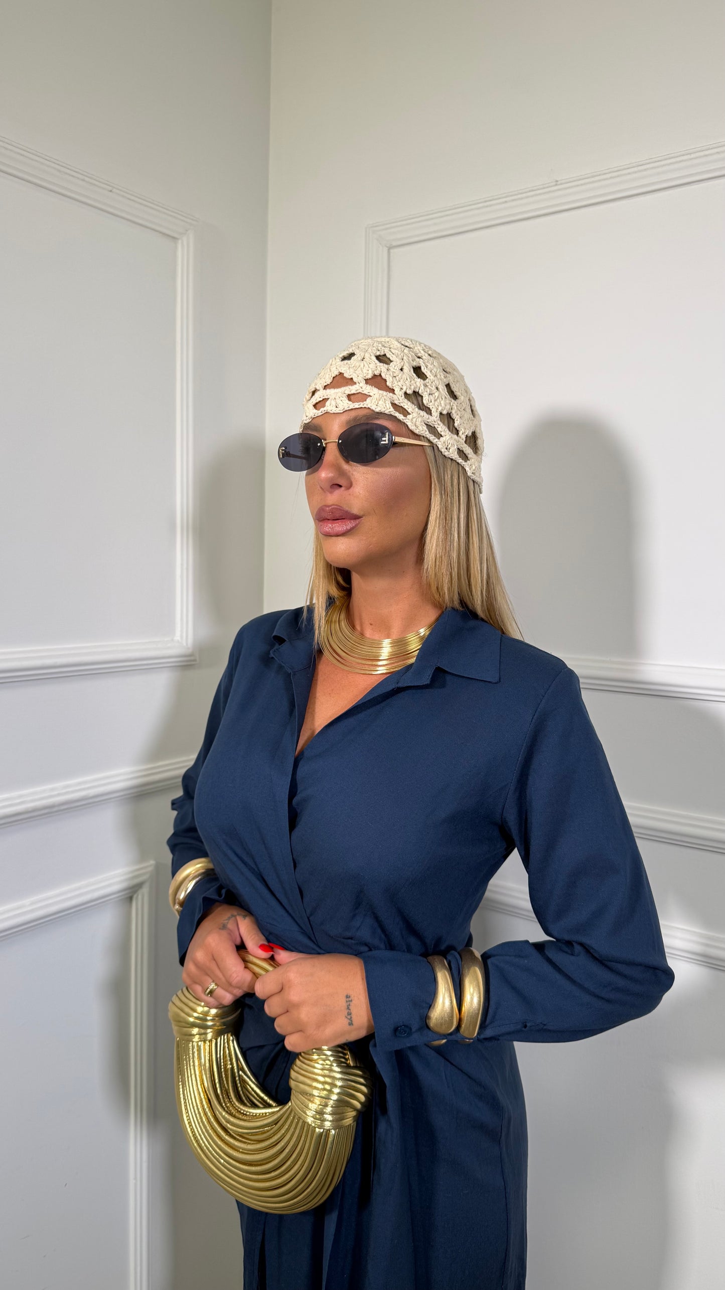 Abito portafoglio midi misti lino con spalline Daphne blu 001586