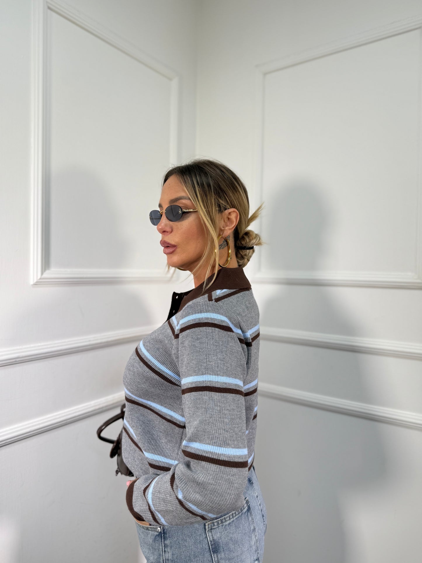 Polo a righe lana rasata Cotton grigia/cacao 1319