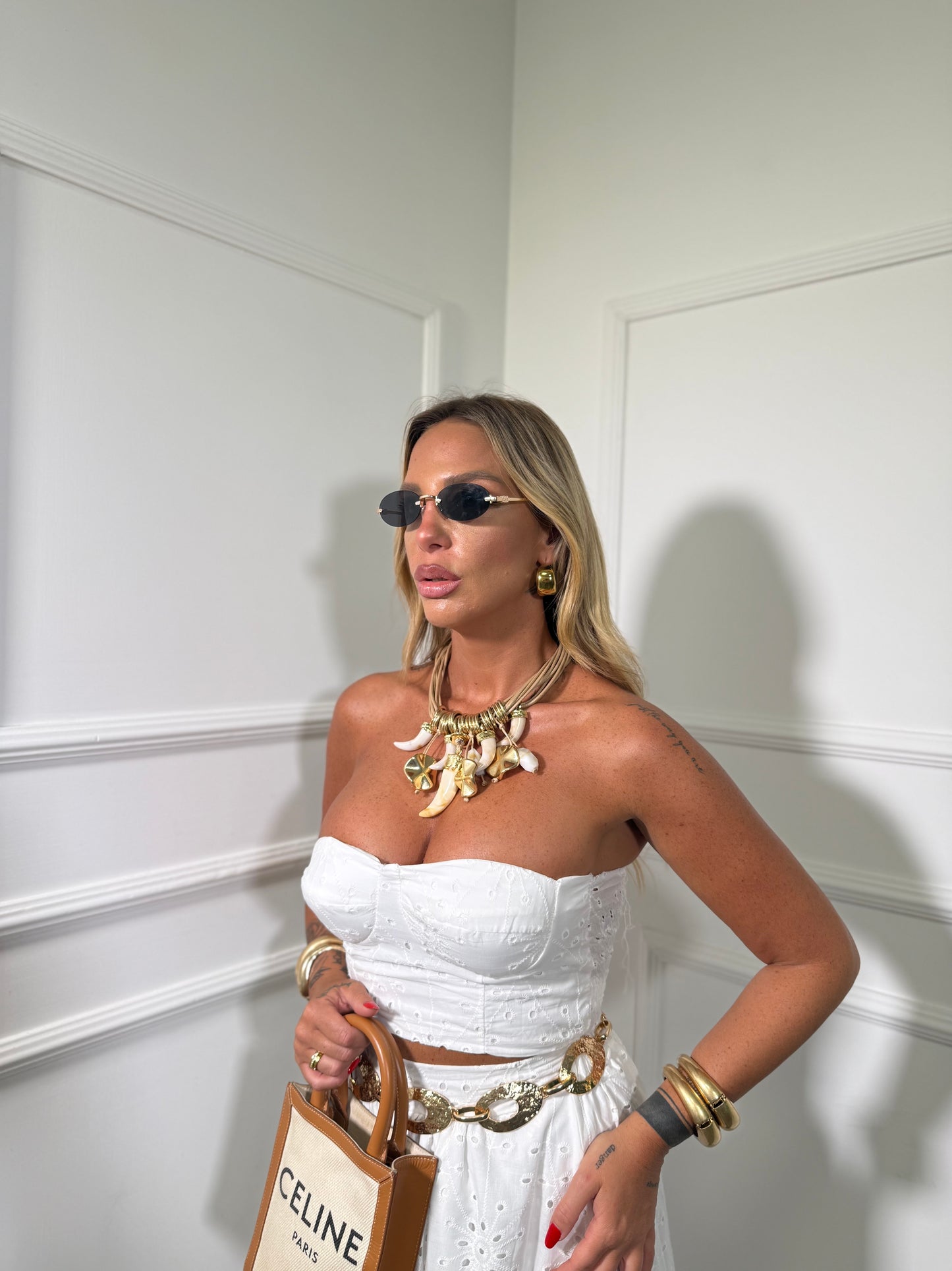 Coordinato con top a fascia in pizzo san gallo Sorrento bianco 52921