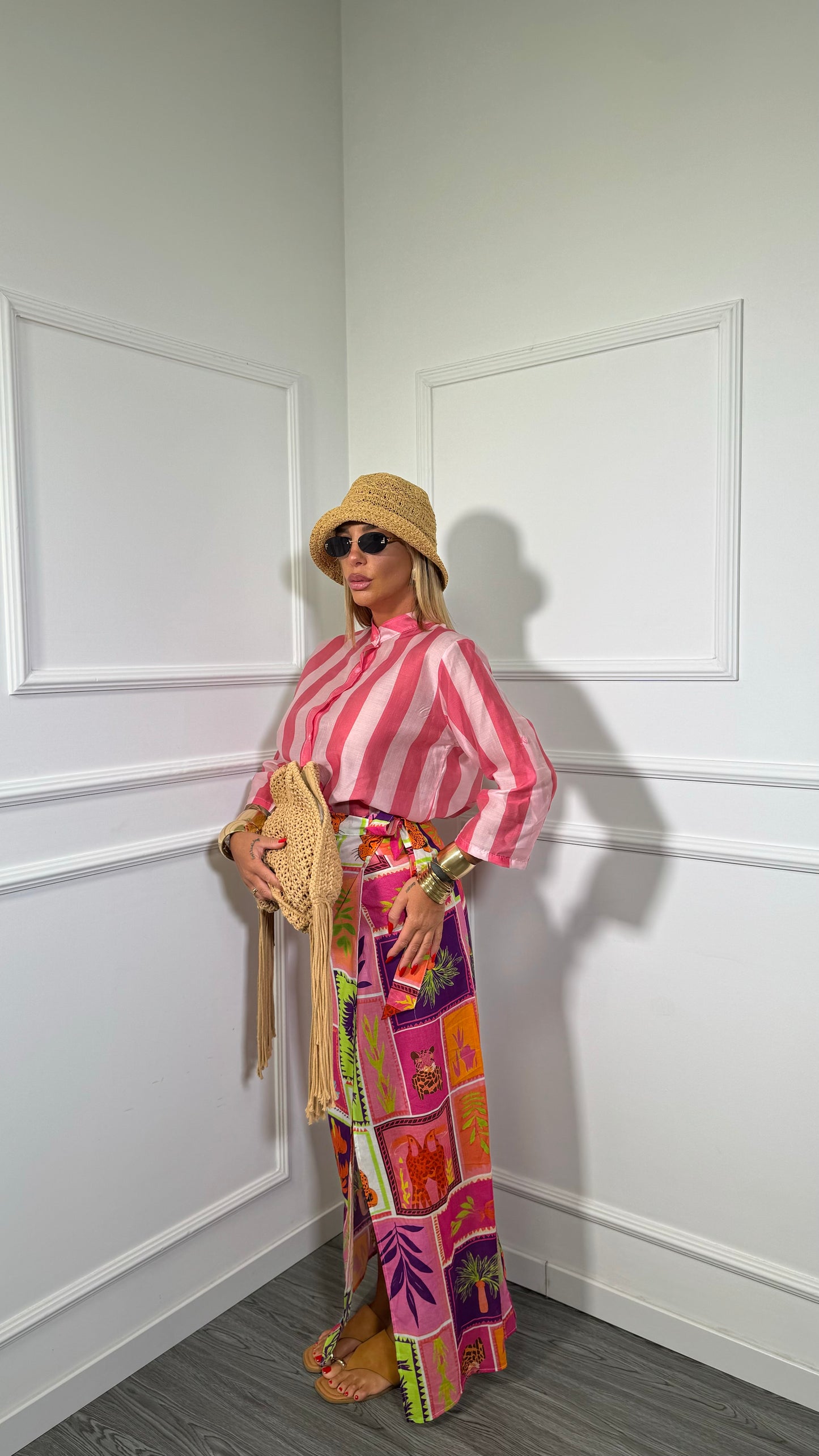Gonna pareo midi in cotone multicolor rosa/viola