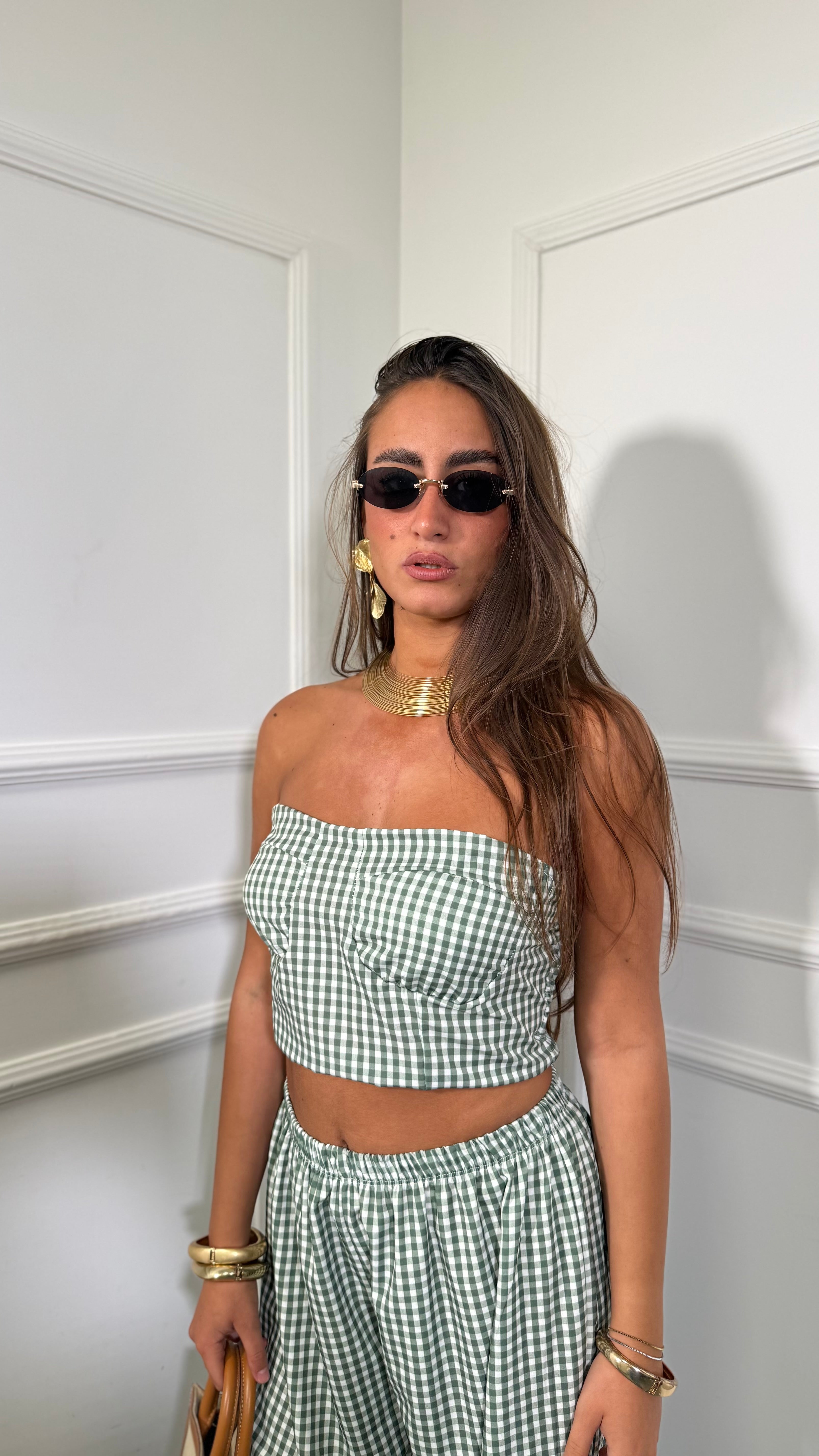 Coordinato a quadretti con top a fascia Mirea verde