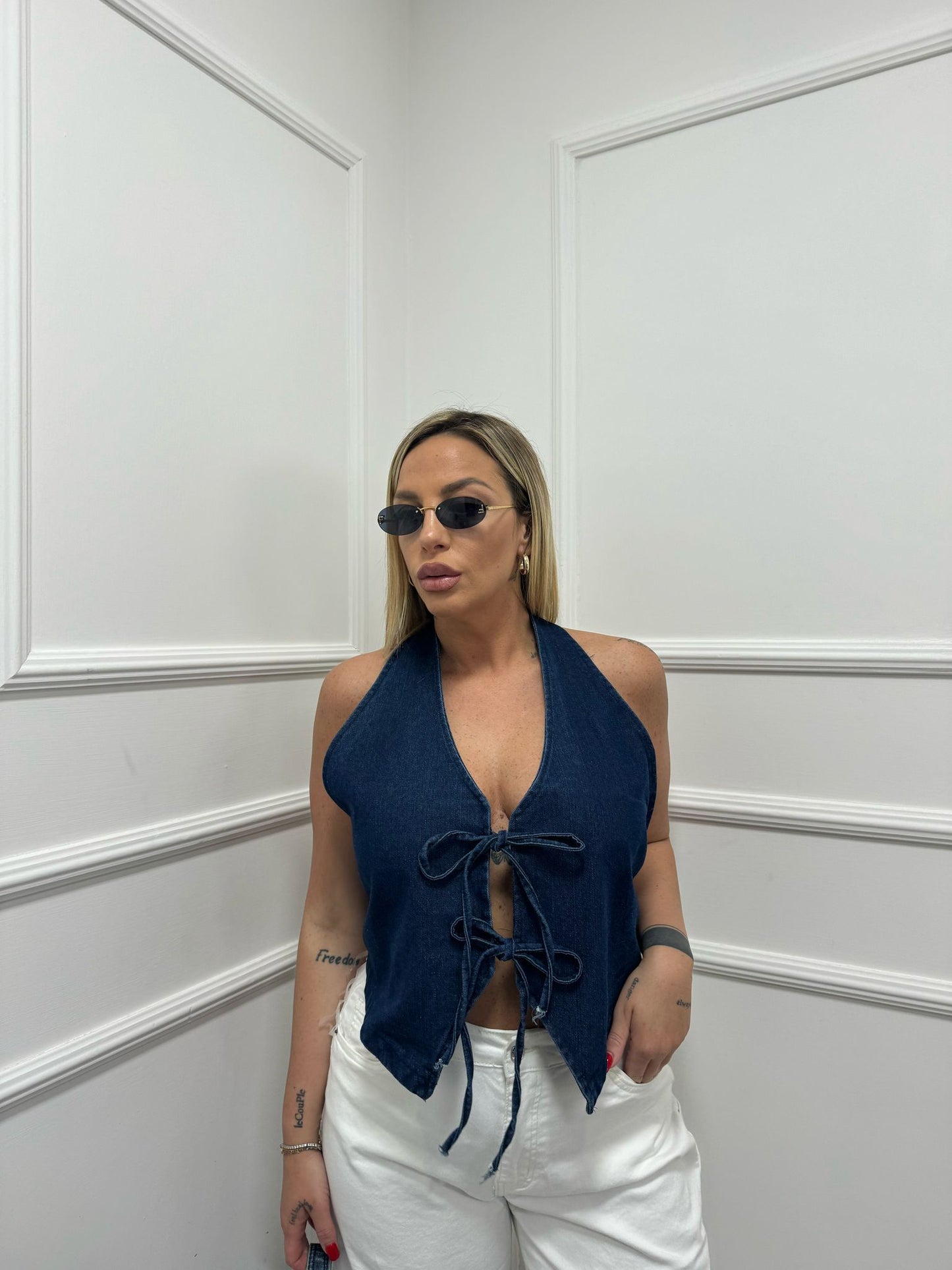 Top Denim fiocchetti