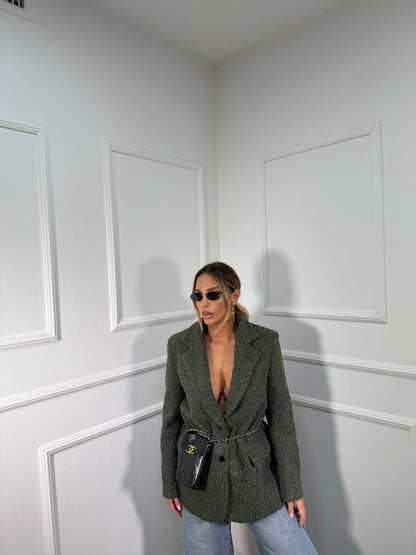 Blazer oversize con spalline in lana cotta verde oliva 9883