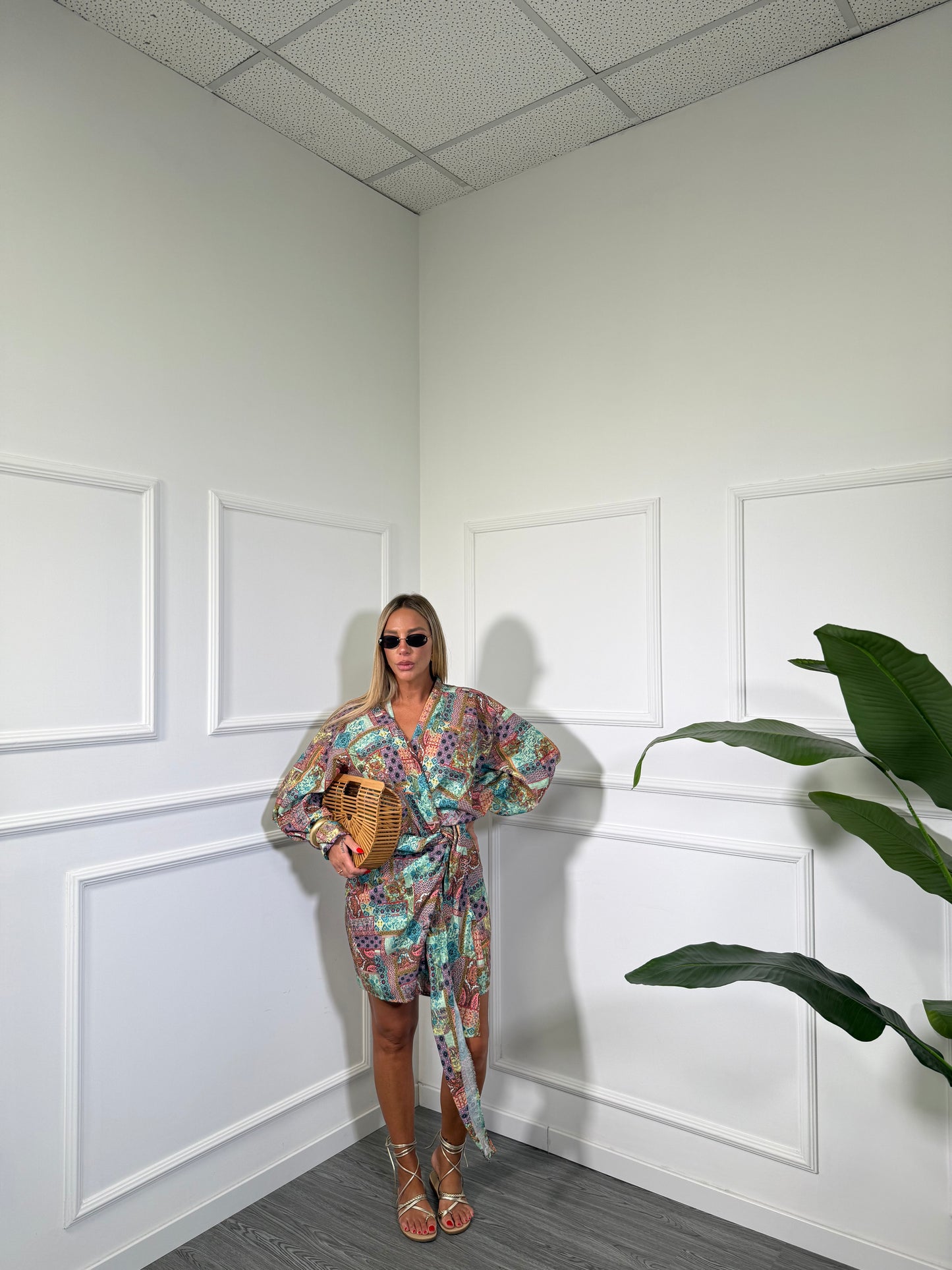 Abito portafoglio (CURVY) misto lino India 30288