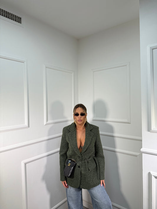 Blazer oversize con spalline in lana cotta verde oliva 9883
