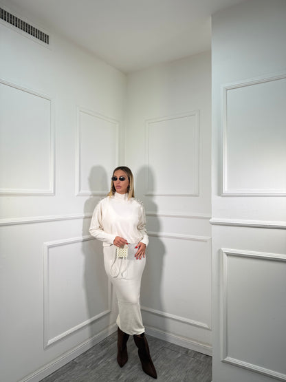 Coordinato midi in lana rasata con Swarovski bianco g105