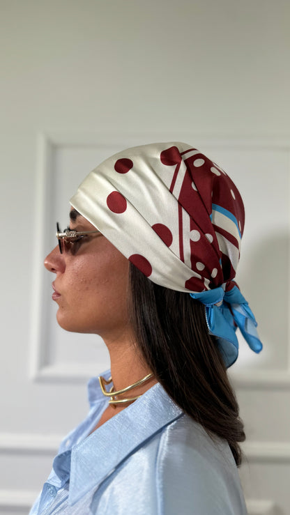 Pareo + bandana in satin a pois Bellaire azzurro/marrone 37271