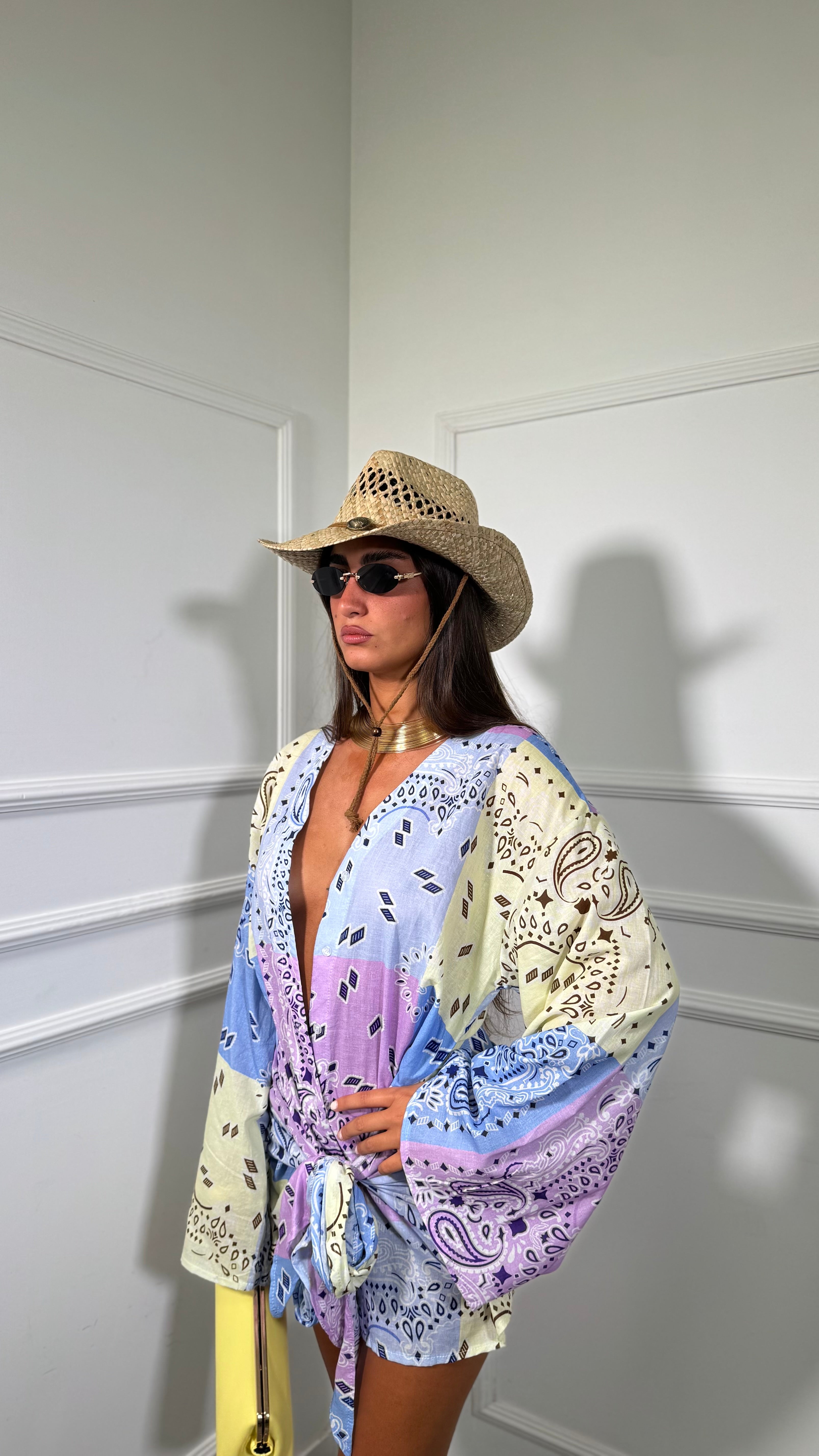 Chemisier fantasia bandana Santana azzurro/lilla a11176