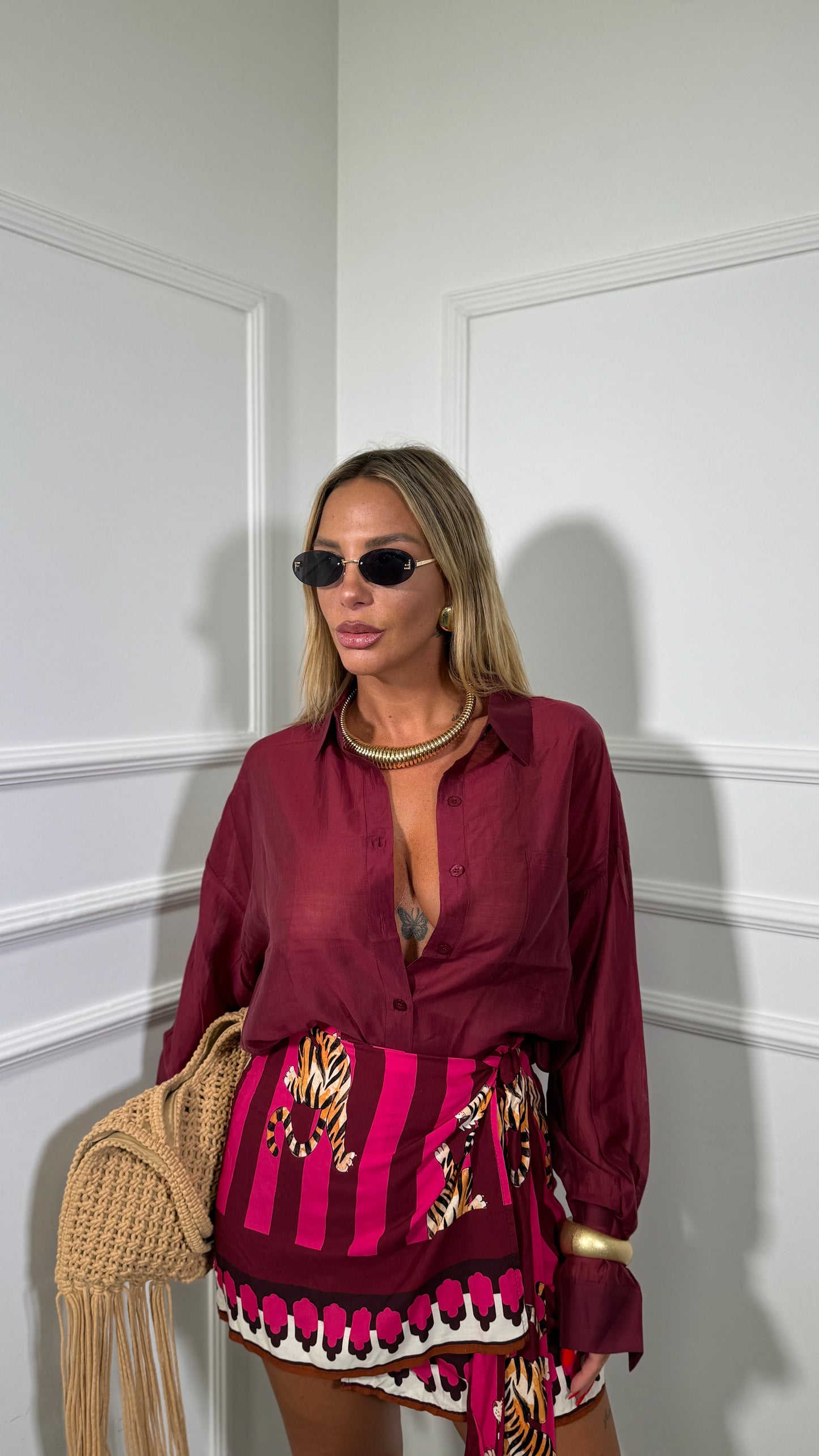 Gonna pareo a righe con tigri Casablanca bordeaux/fucsia 7211