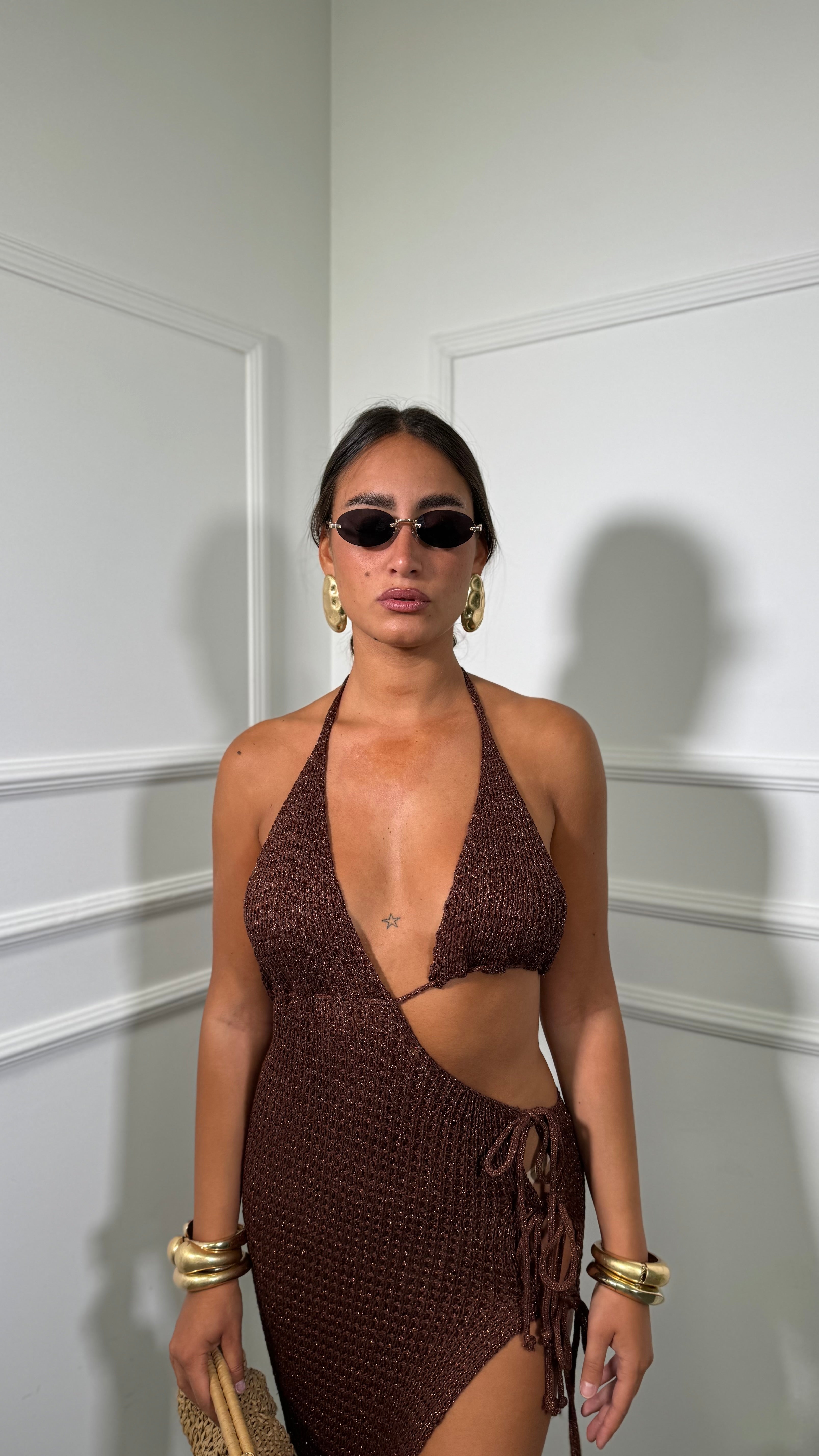 Abito midi in filo lurex Eden marrone ab-8136-lx
