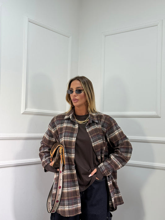 Camicia oversize in flanella con spalline Marshal cacao/grigia