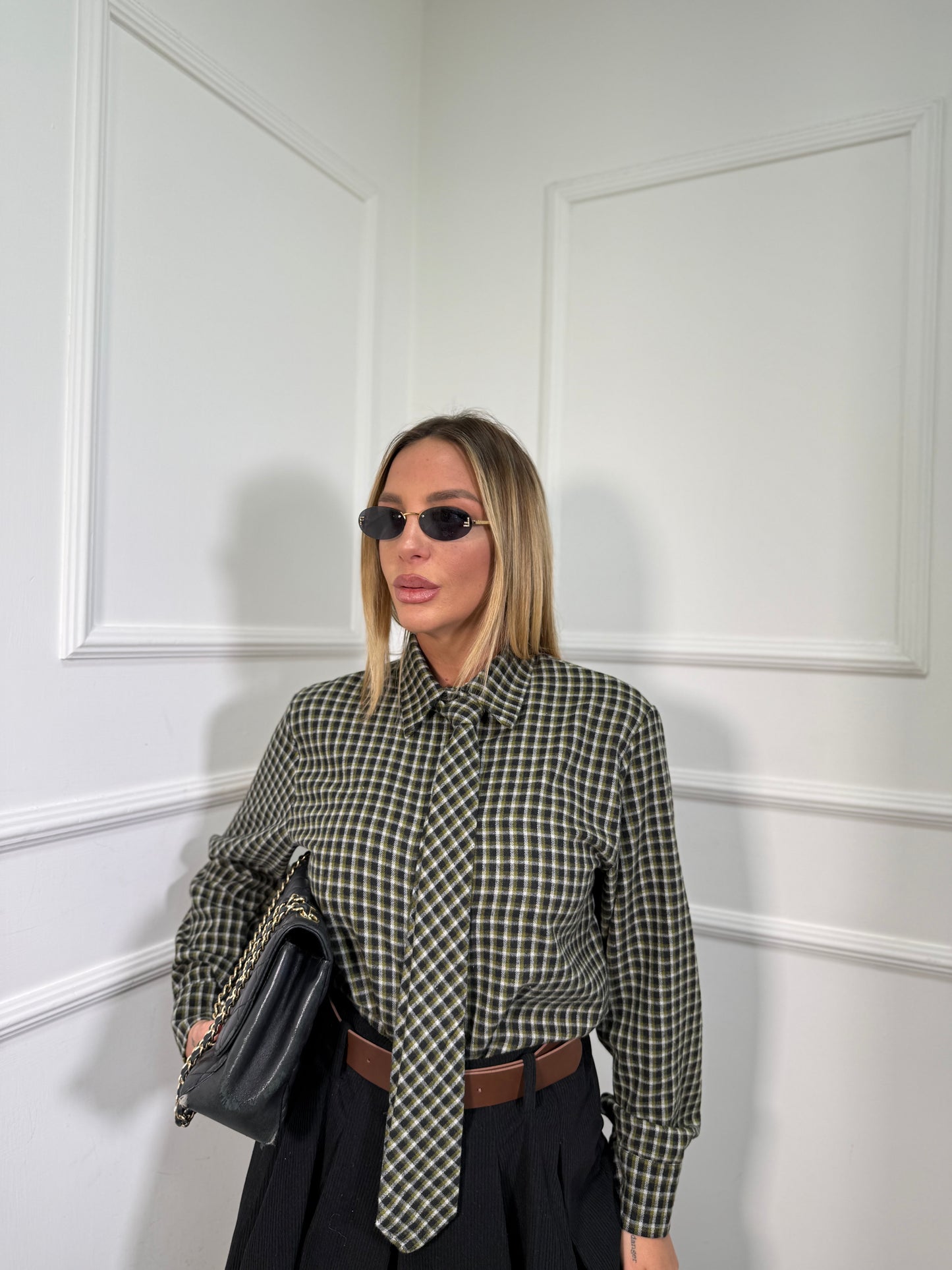 Camicia in flanella con cravatta Honey verde lime 6792