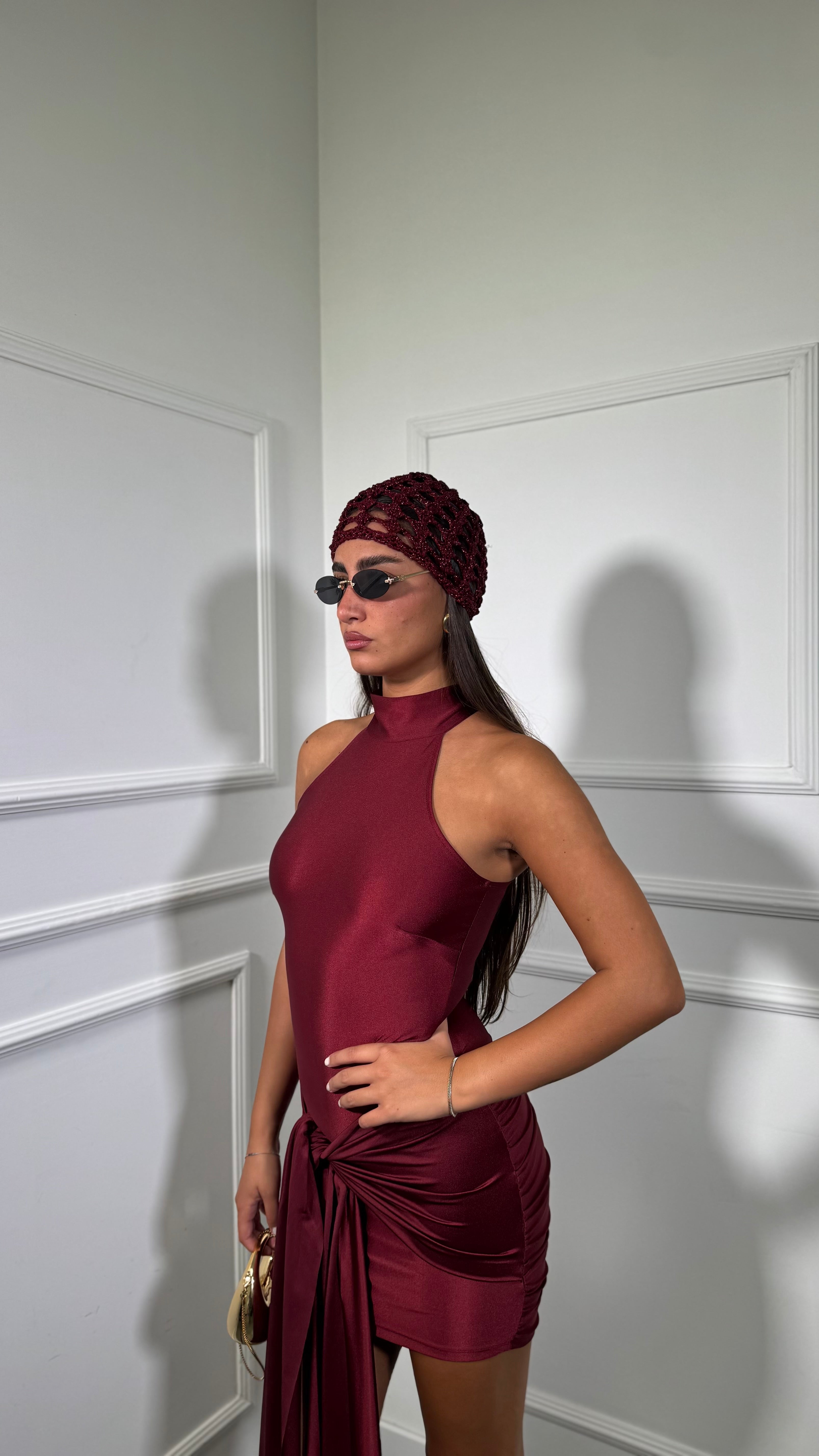 Abito corto in lycra con fusciacca Andromeda bordeaux 25765