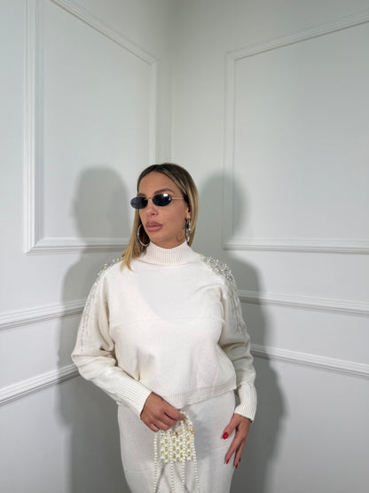 Coordinato midi in lana rasata con Swarovski bianco g105