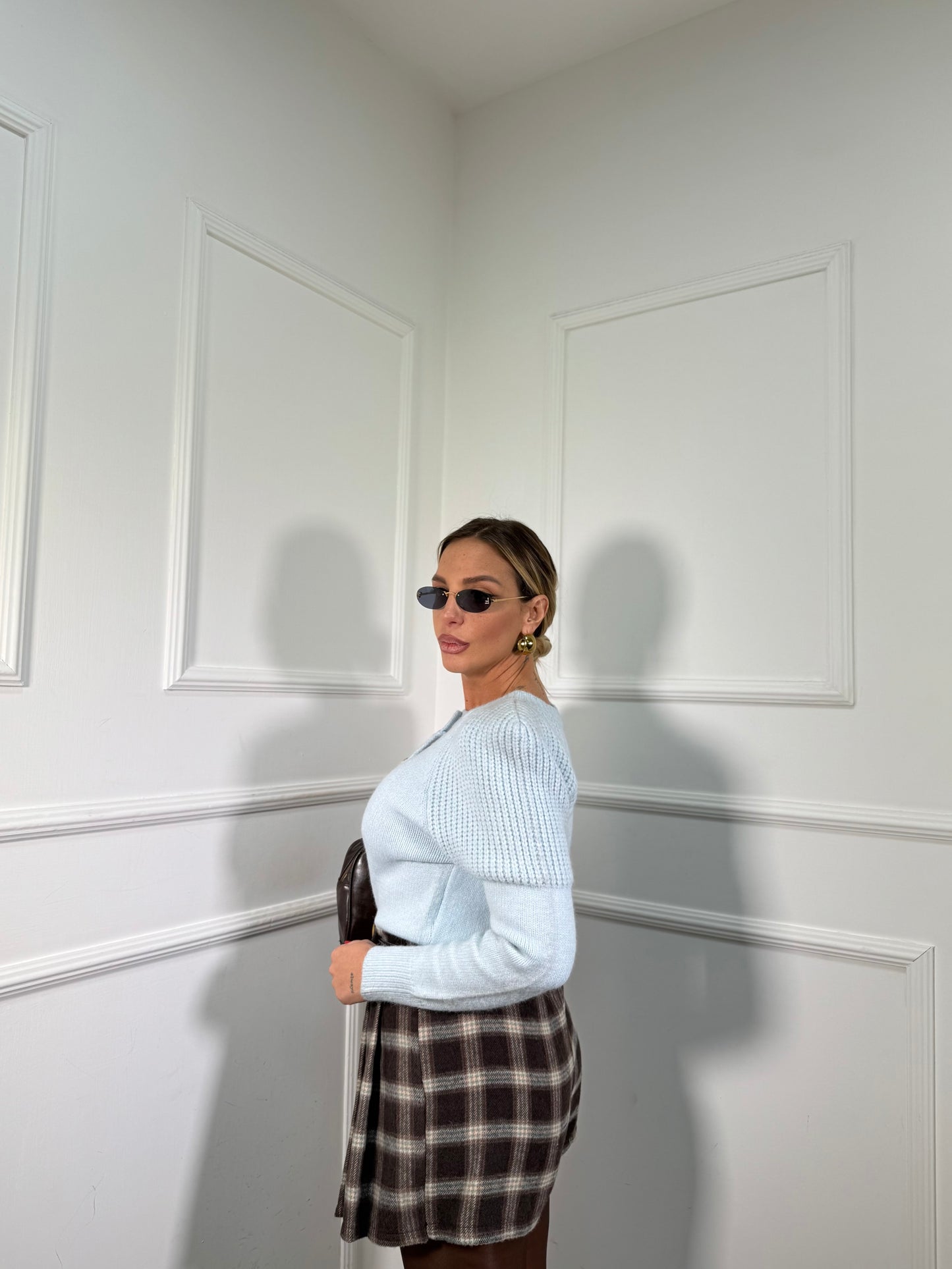 Pantagonna in flanella a pieghe con cintura cacao