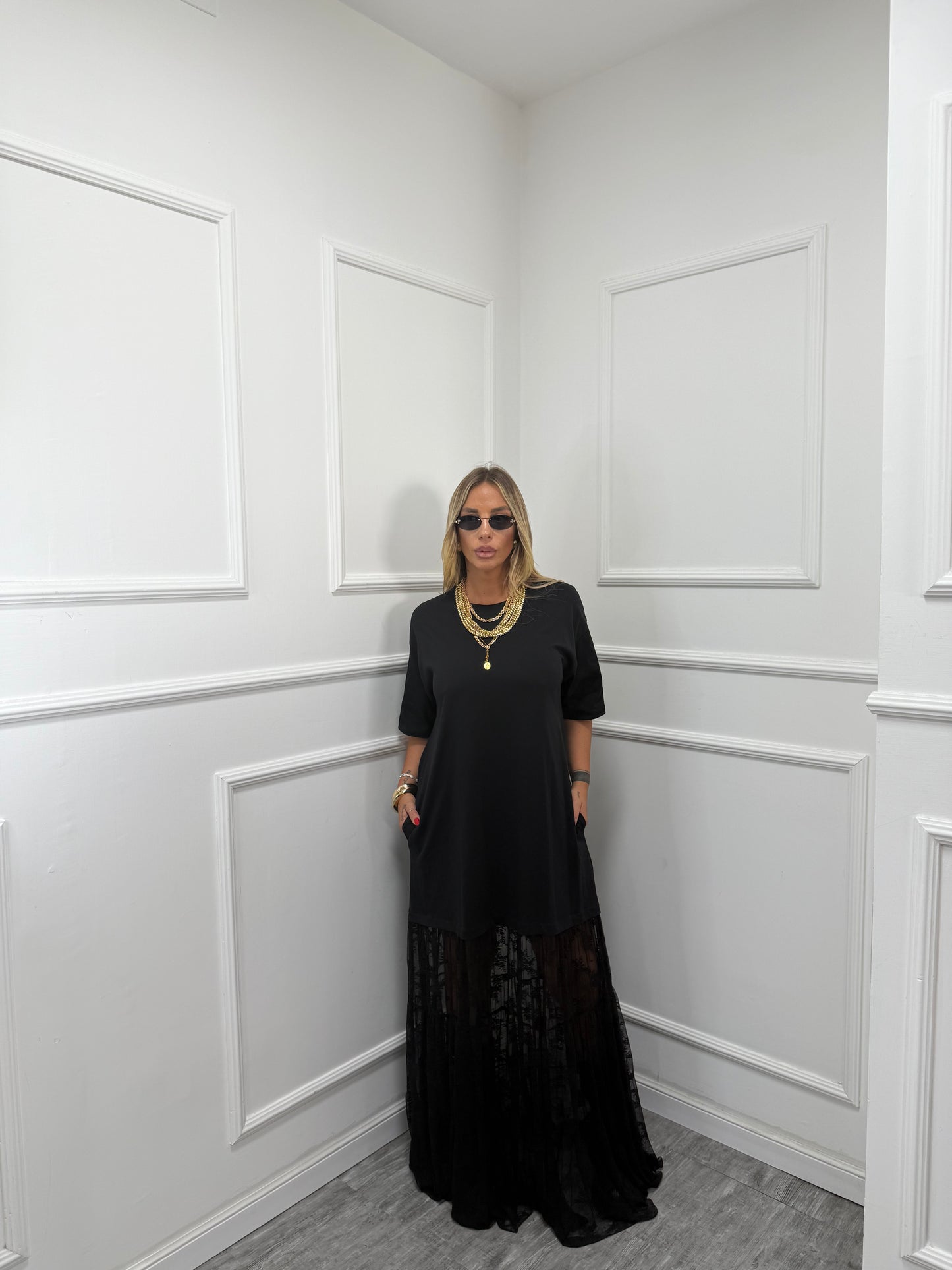 Maxi abito in pizzo Dakota nero ld3443 by lumina