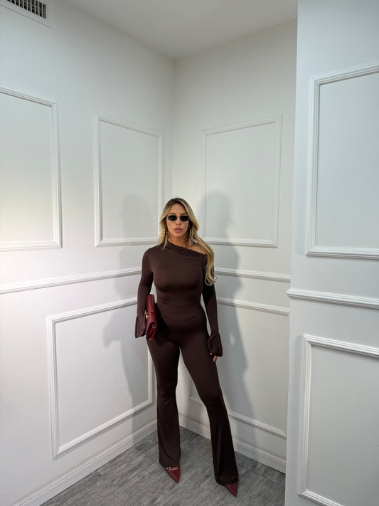 Jumpsuit in lycra scollo asimmetrico cioccolato 14375