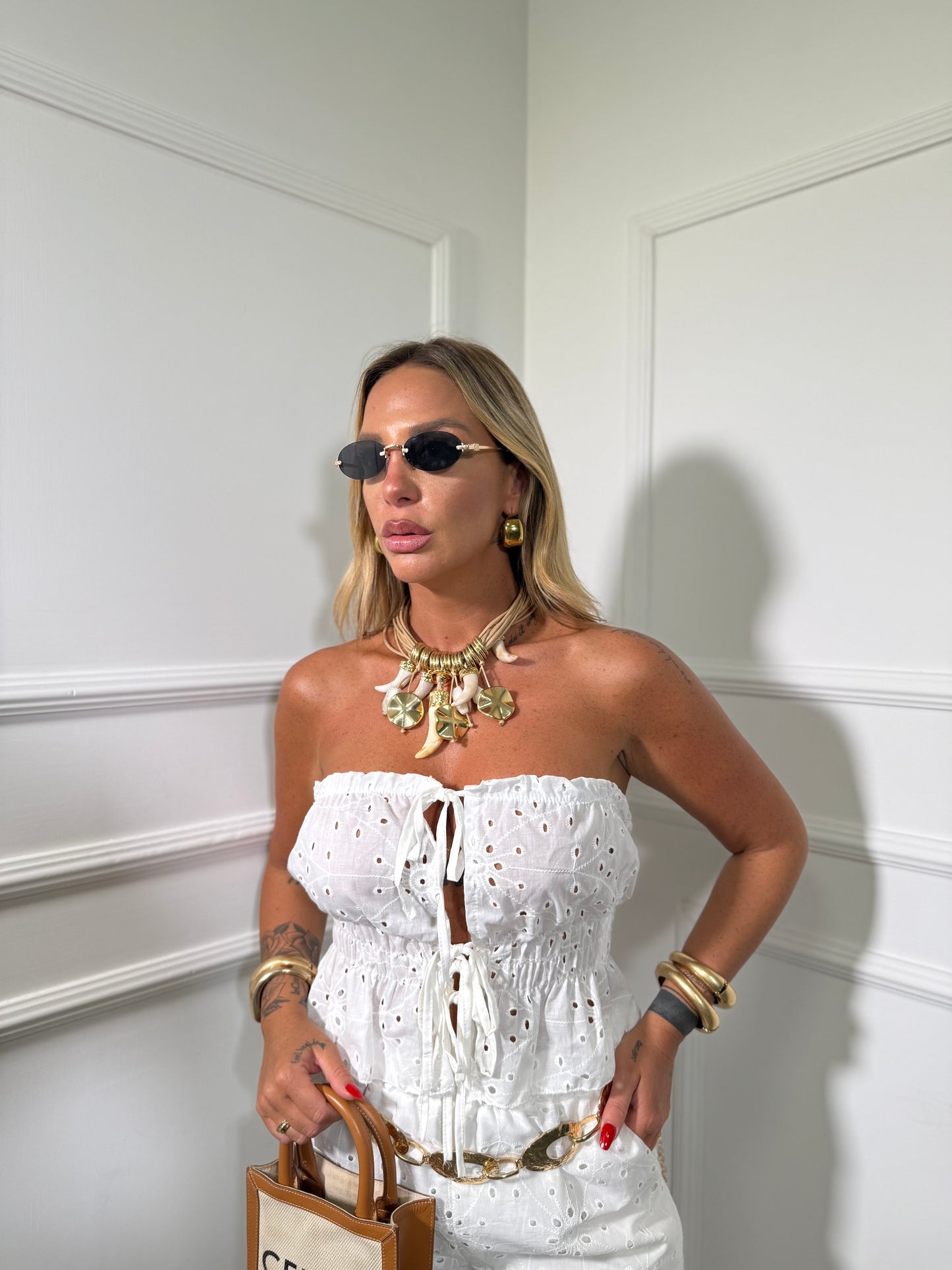 Coordinato con pantaloni in pizzo San gallo Amalfi bianco 53943