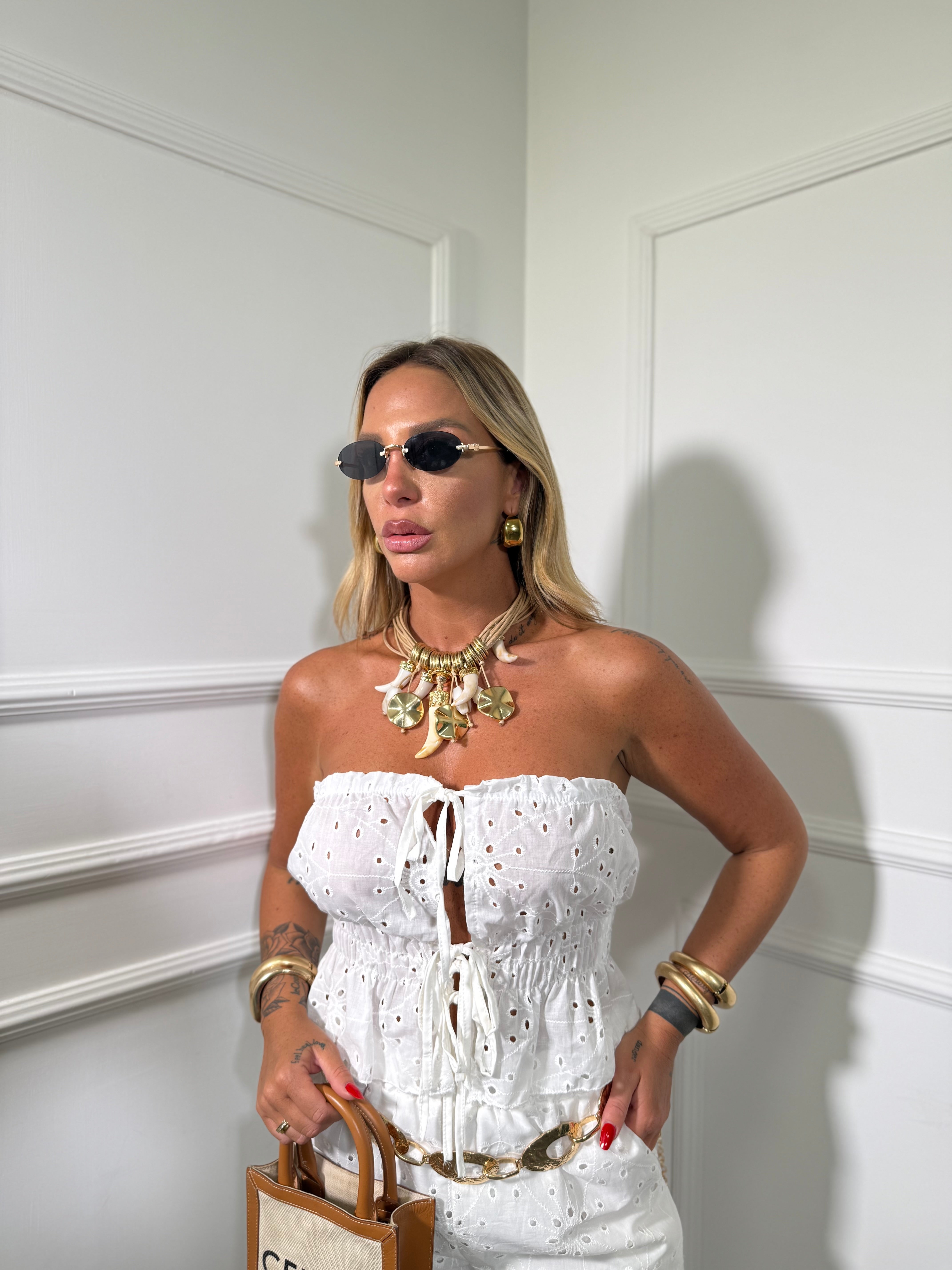 Coordinato con pantaloni in pizzo San gallo Amalfi bianco 53943